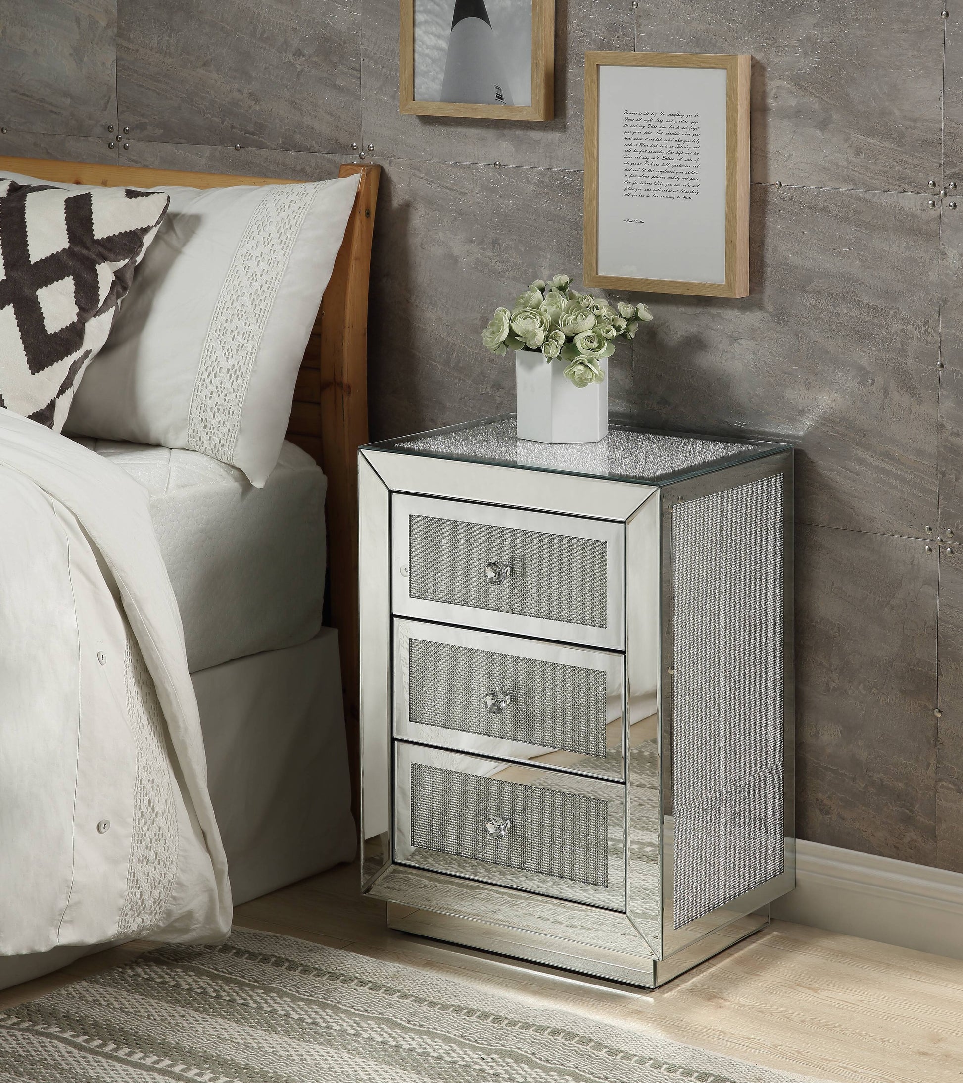 Glamorous mirrored nightstand with three crystalknob drawers and rhinestone accents