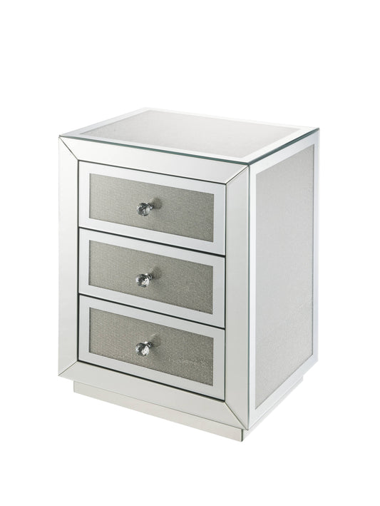 Mirrored threedrawer nightstand with crystal knobs and textured drawer fronts