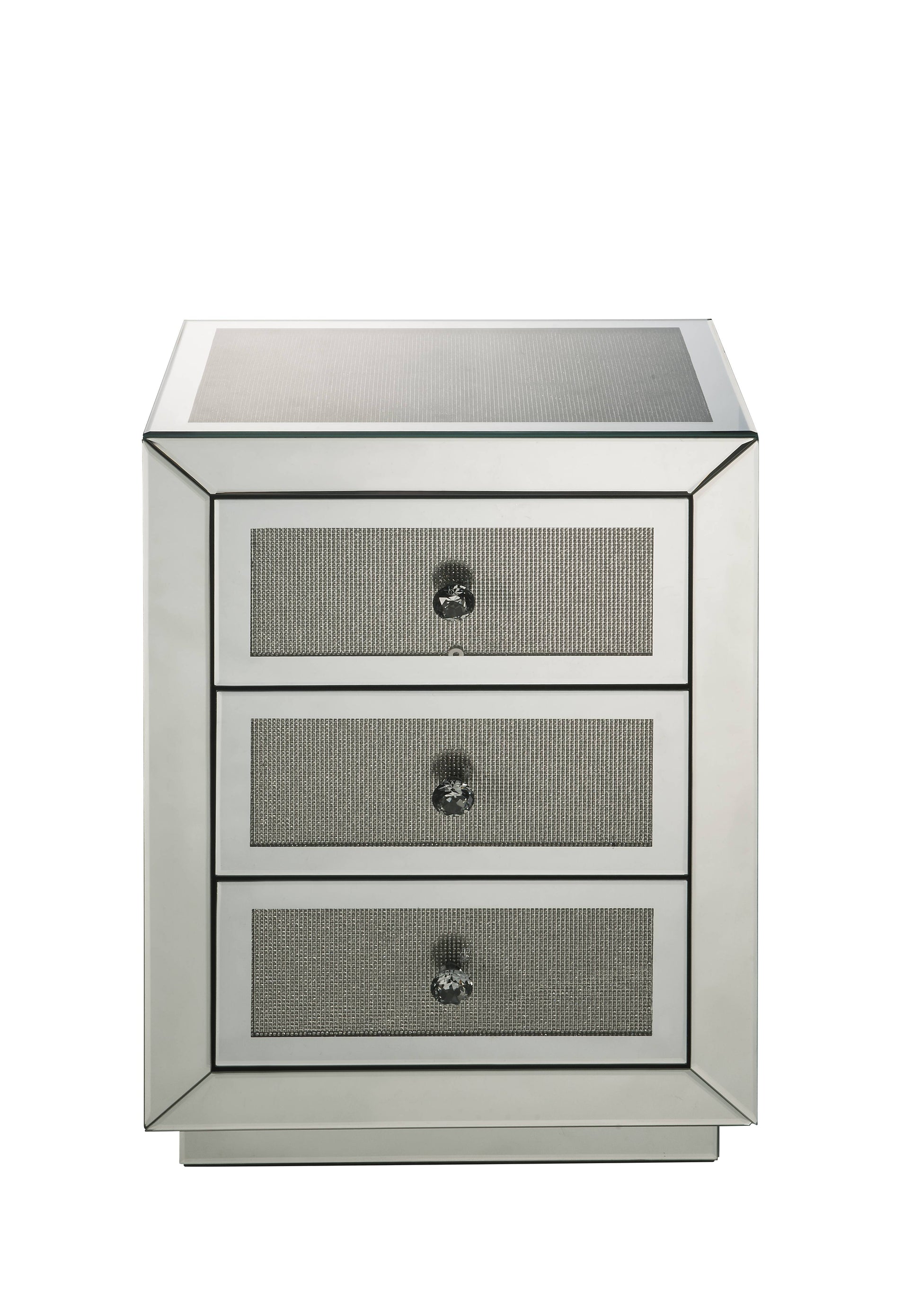 Mirrored bedside table with three crystalknob drawers and diamondpatterned fronts