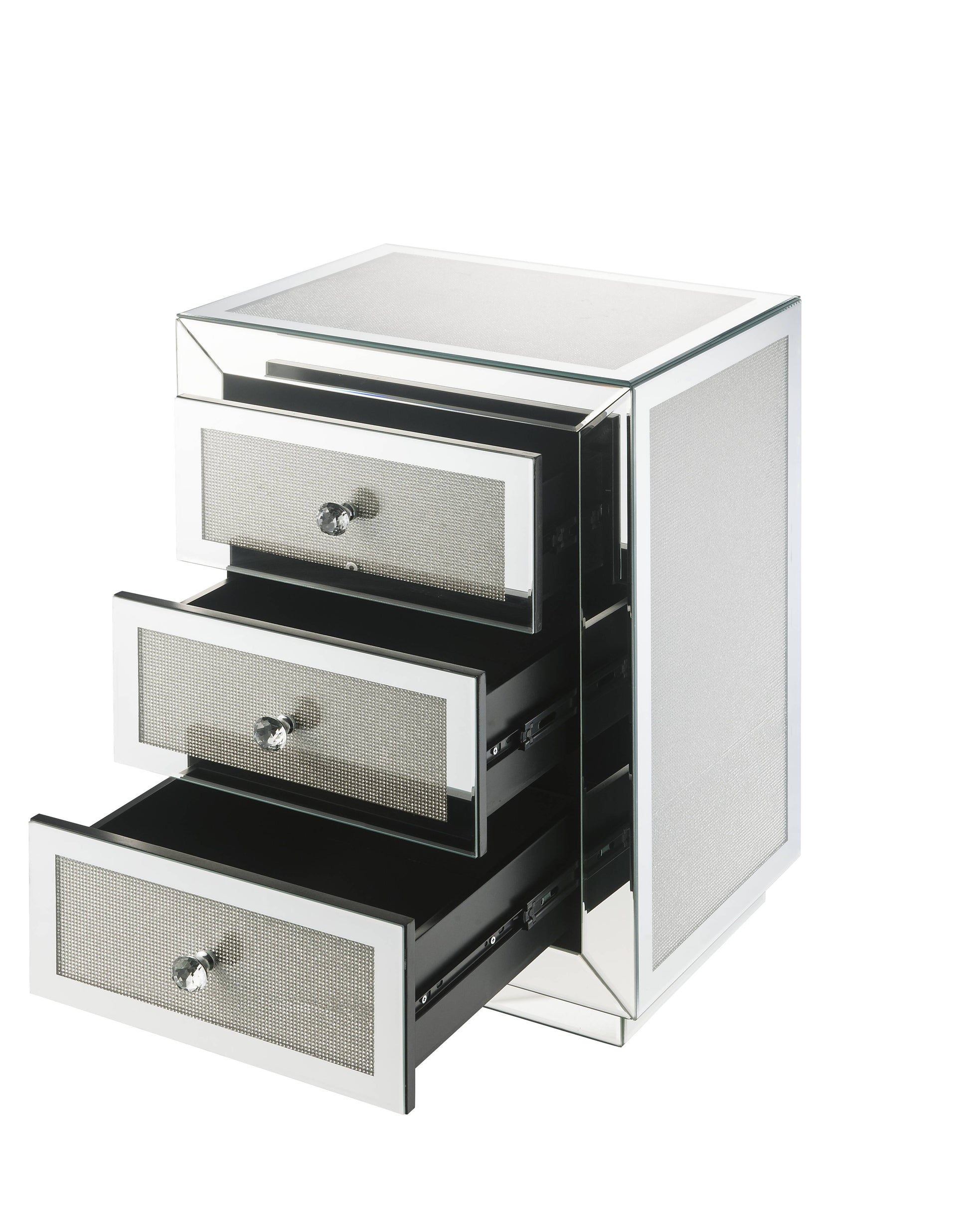 Mirrored threedrawer dresser with crystal knobs and textured drawer fronts for bedside storage