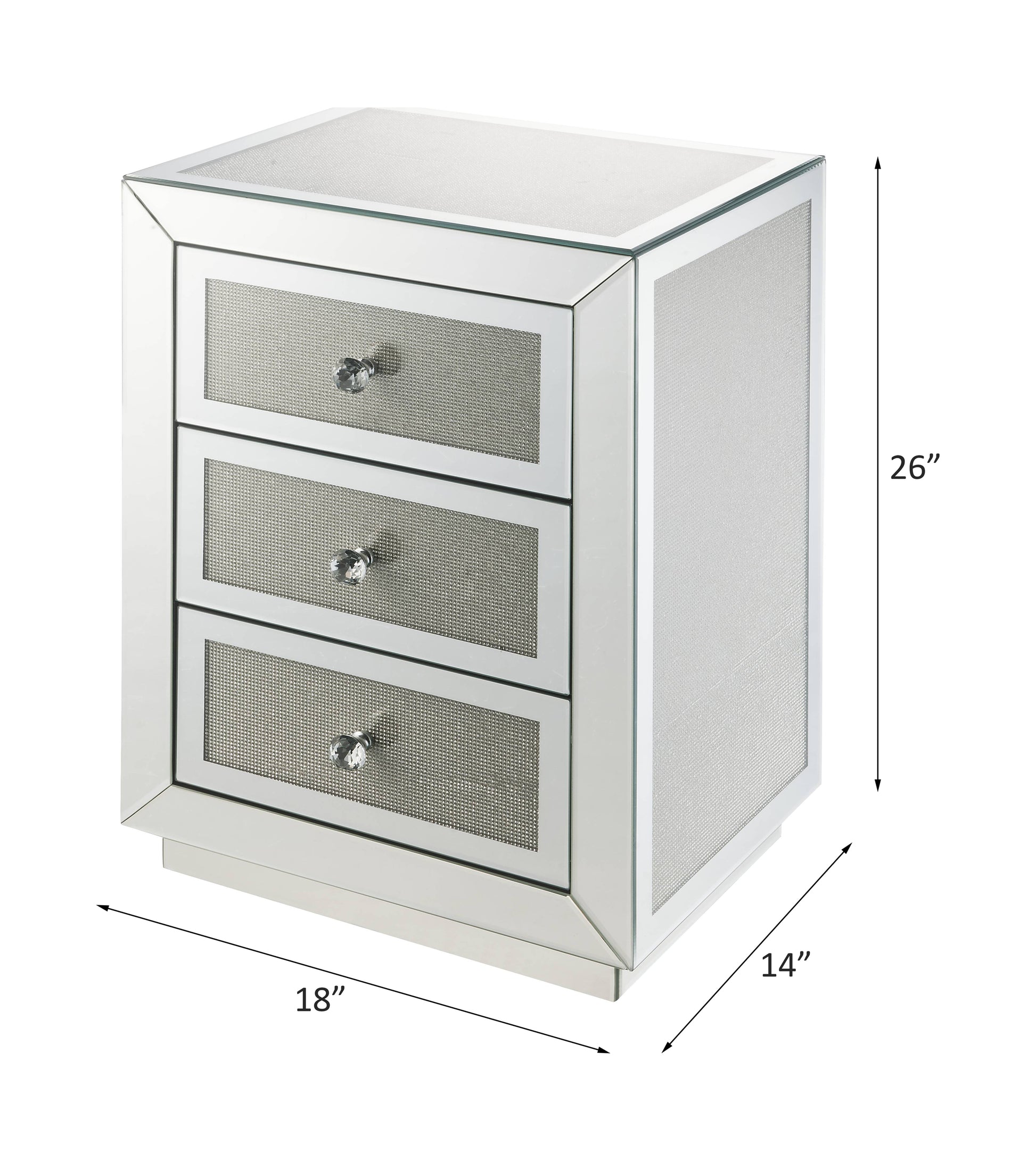 Mirrored threedrawer nightstand with crystal knobs and textured drawer fronts