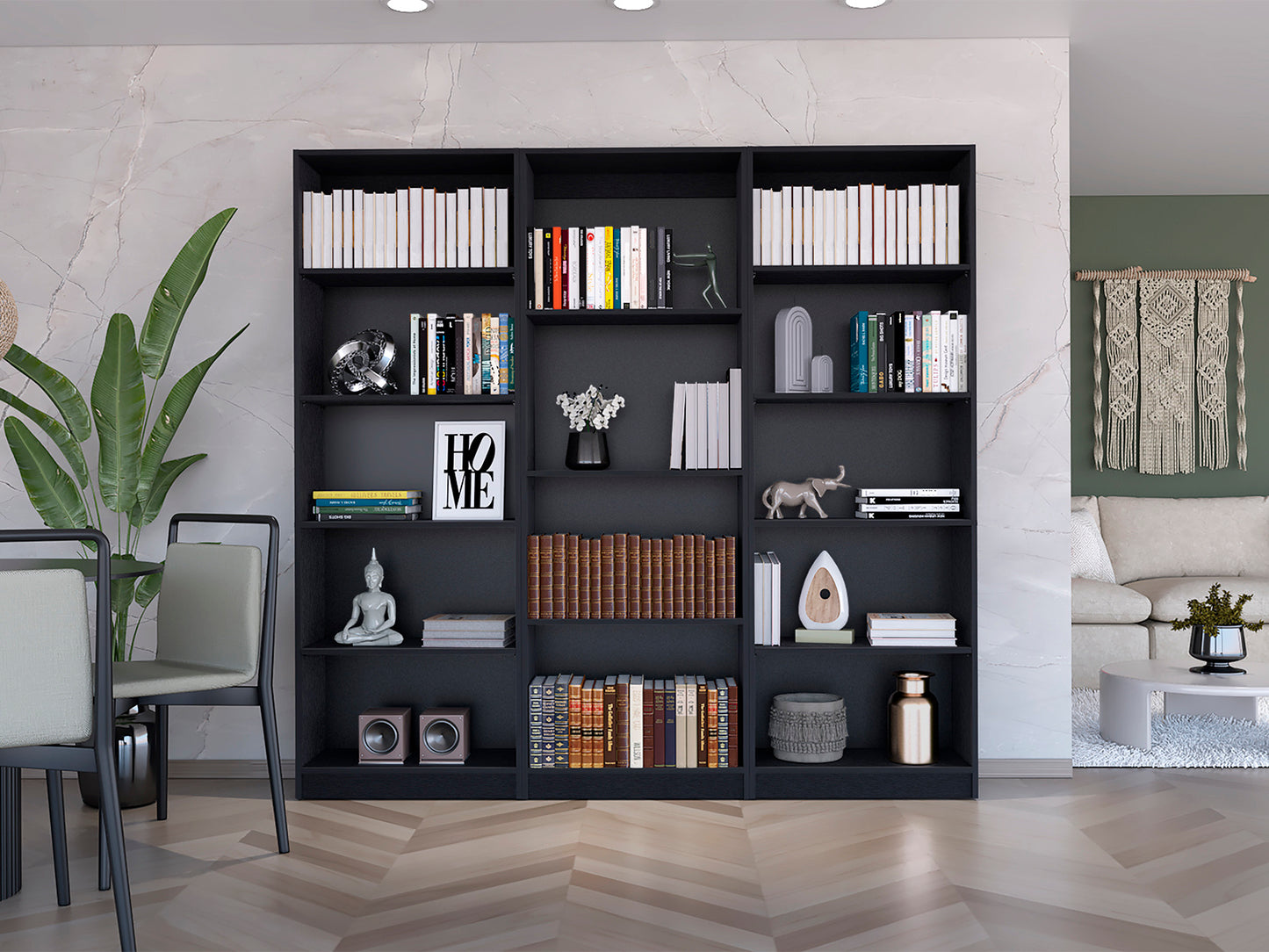 Dark gray modern modular bookcase with white books on top shelf