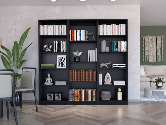 Dark gray modern modular bookcase with white books on top shelf