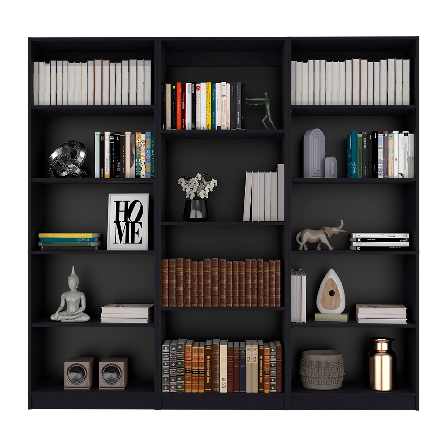 Modern black bookshelf filled with a diverse collection of books and decorative items