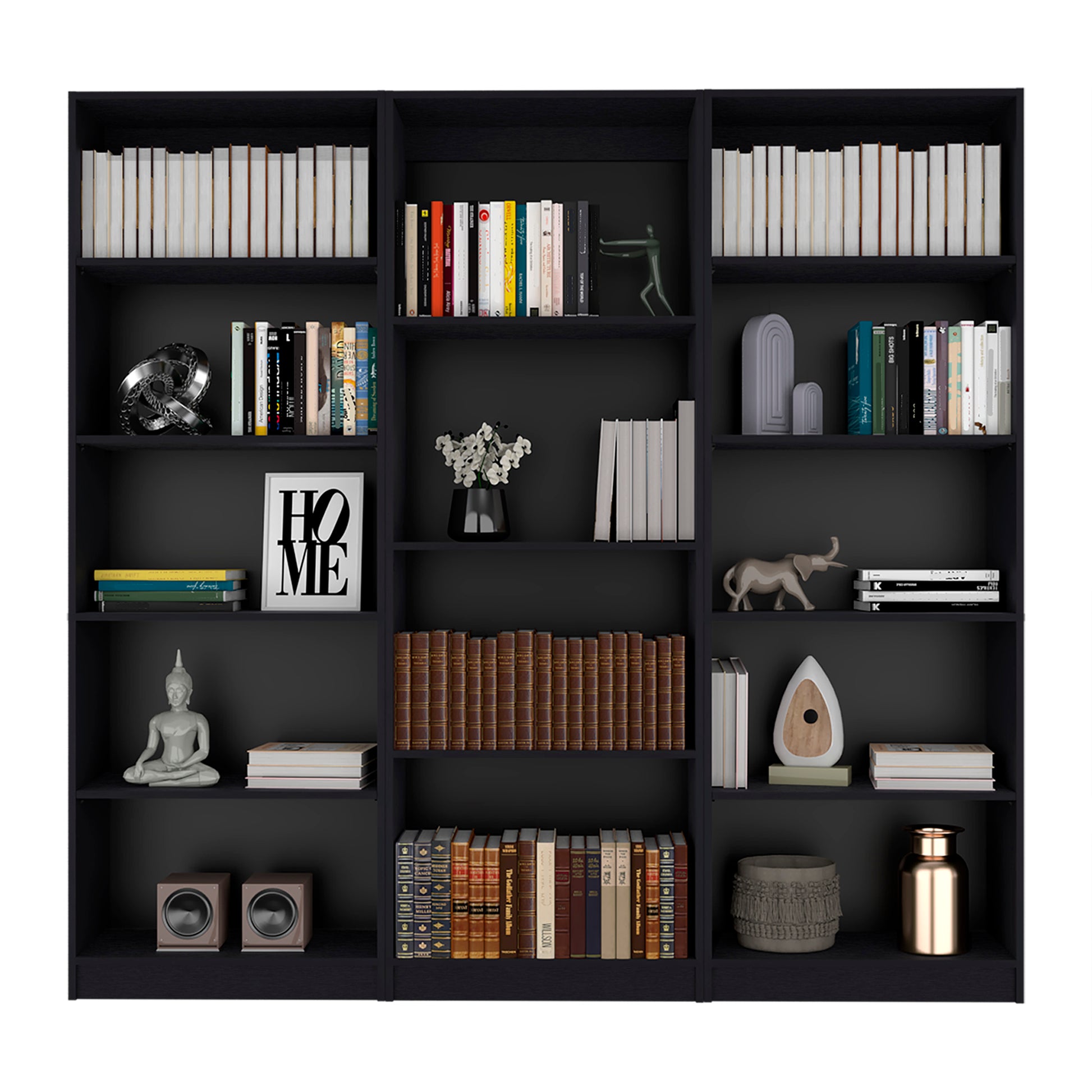 Modern black bookshelf filled with a diverse collection of books and decorative items