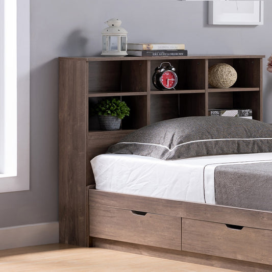 Wooden twin bed frame with builtin bookshelf headboard and storage drawers