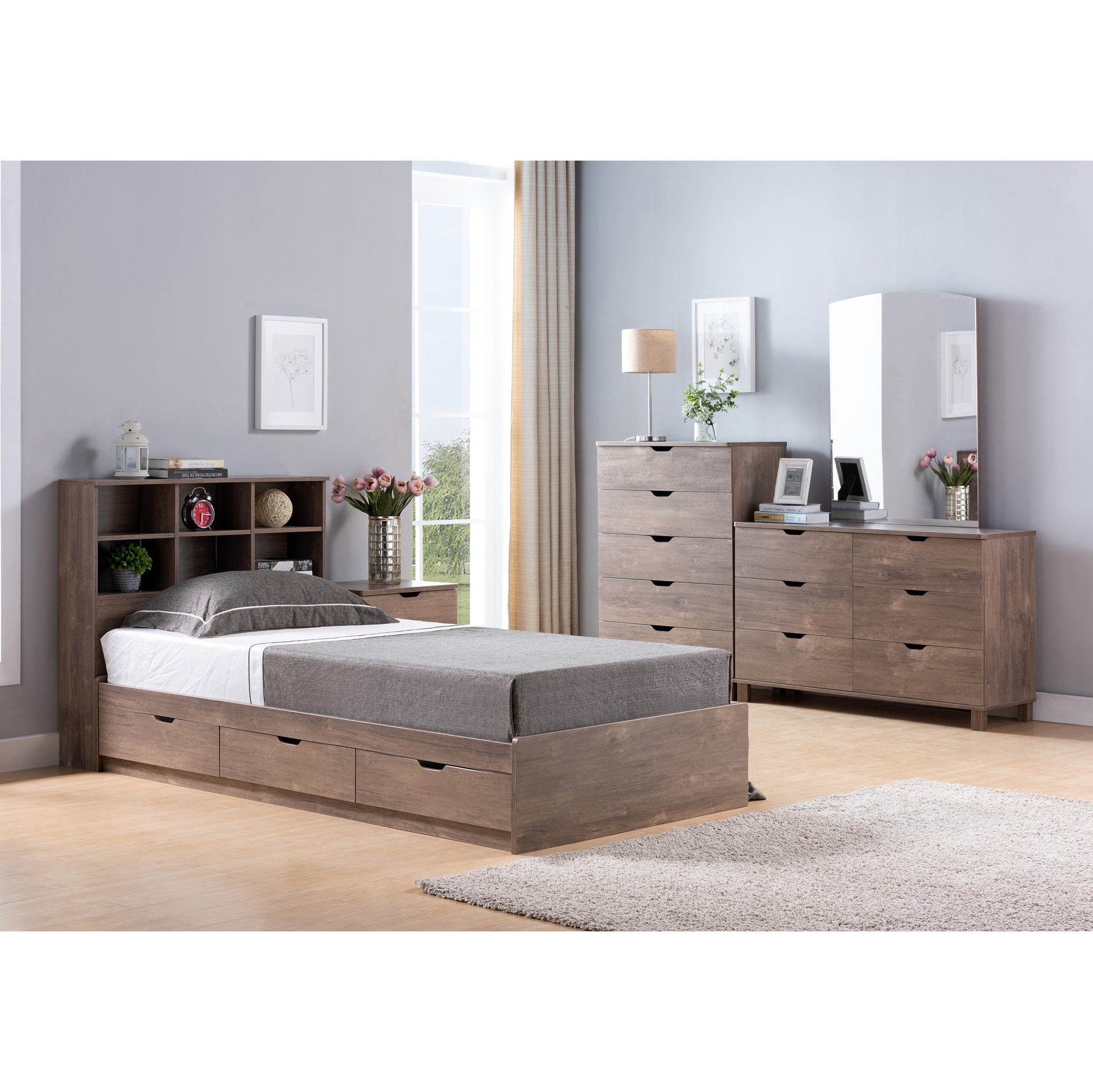 Taupe wooden twin bed with bookcase headboard and drawers