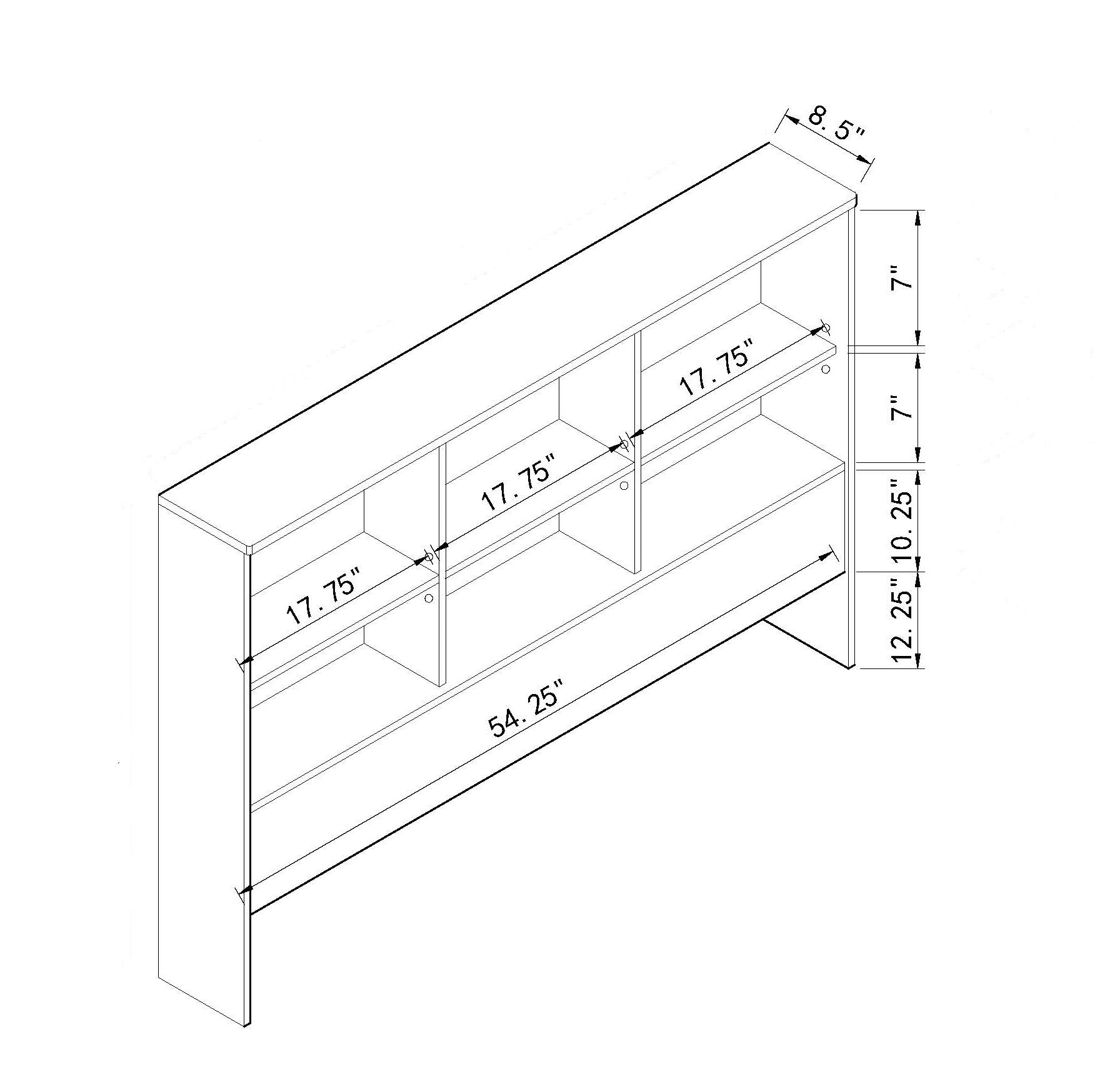 Black line drawing of a bookshelf headboard with multiple shelves and dimensions labeled