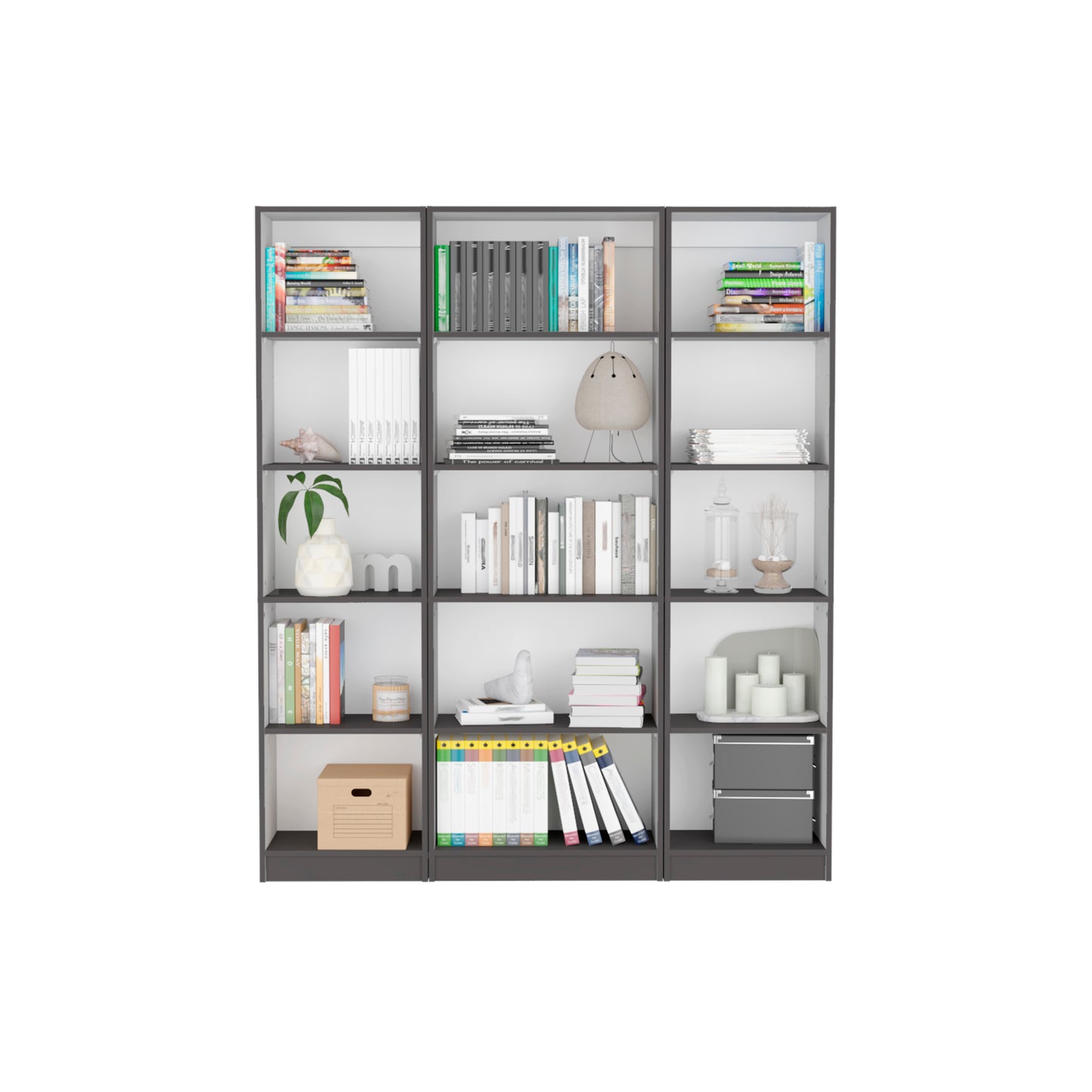 Modern gray modular bookshelf with a variety of books and decorative items
