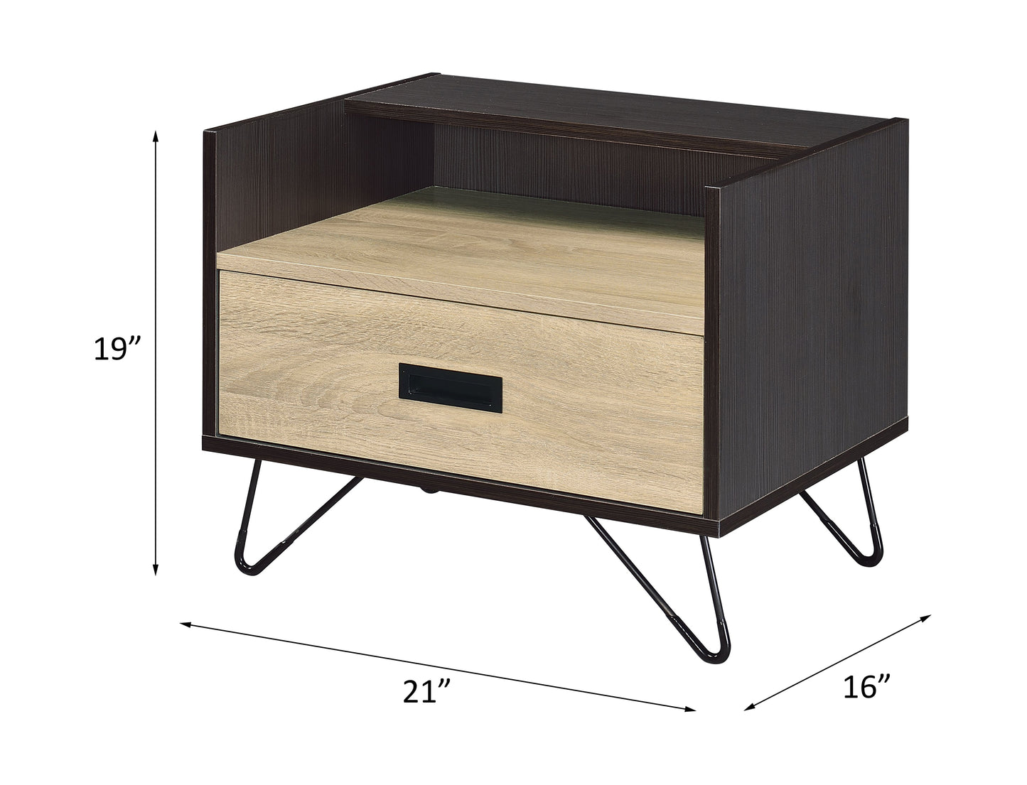 Modern dark wood and oak veneer nightstand with drawer and metal hairpin legs
