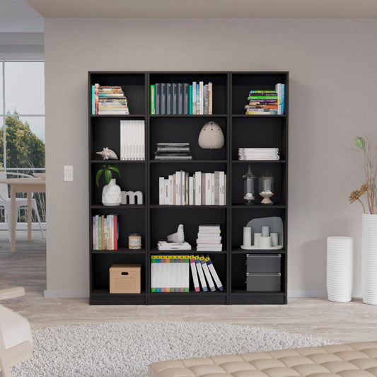 Black bookshelf with assorted books and decorative items perfect for modern homes
