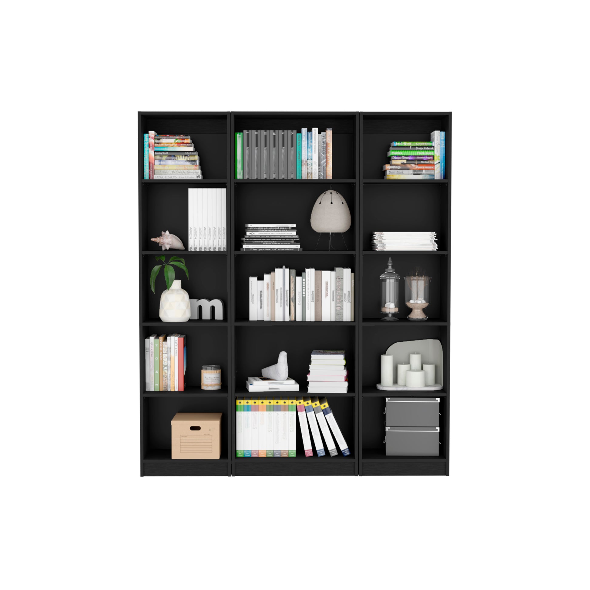 Black modern bookshelf filled with books and decorative items