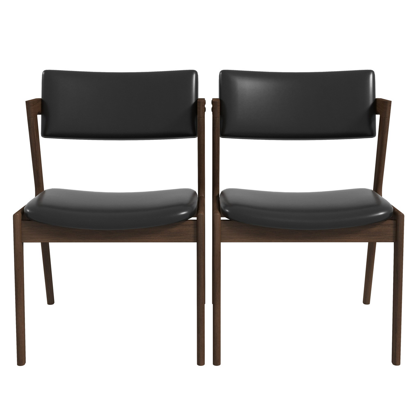 Pair of modern black leather dining chairs with dark wood frames