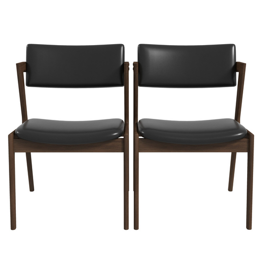 Pair of modern black leather dining chairs with dark wood frames
