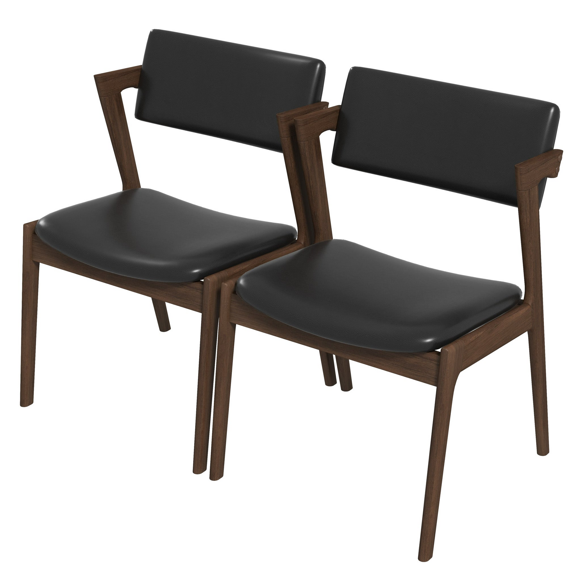 Two modern black leather dining chairs with dark wood frames on a white background