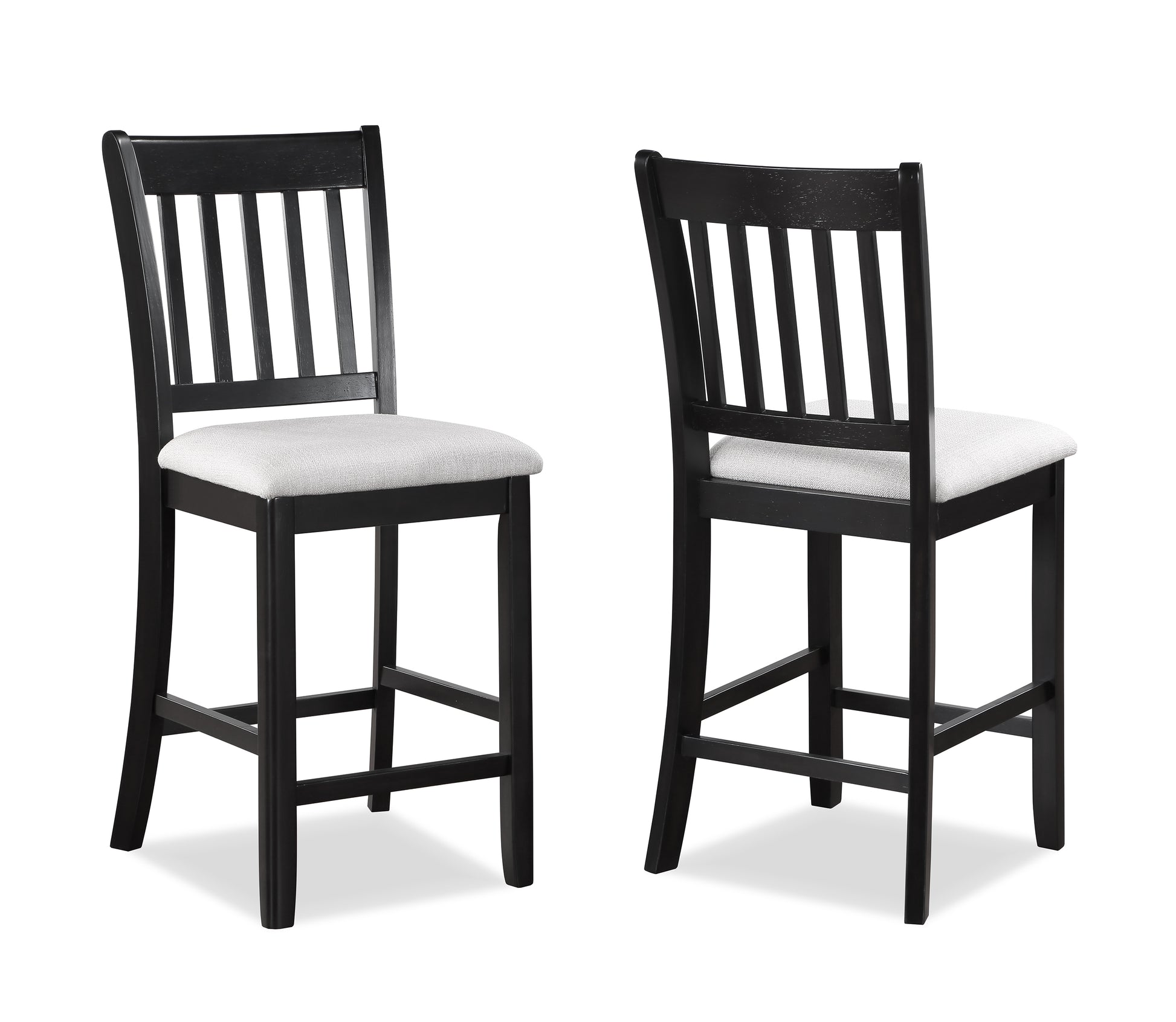 Black wooden bar stool with a white upholstered seat and spindle backrest
