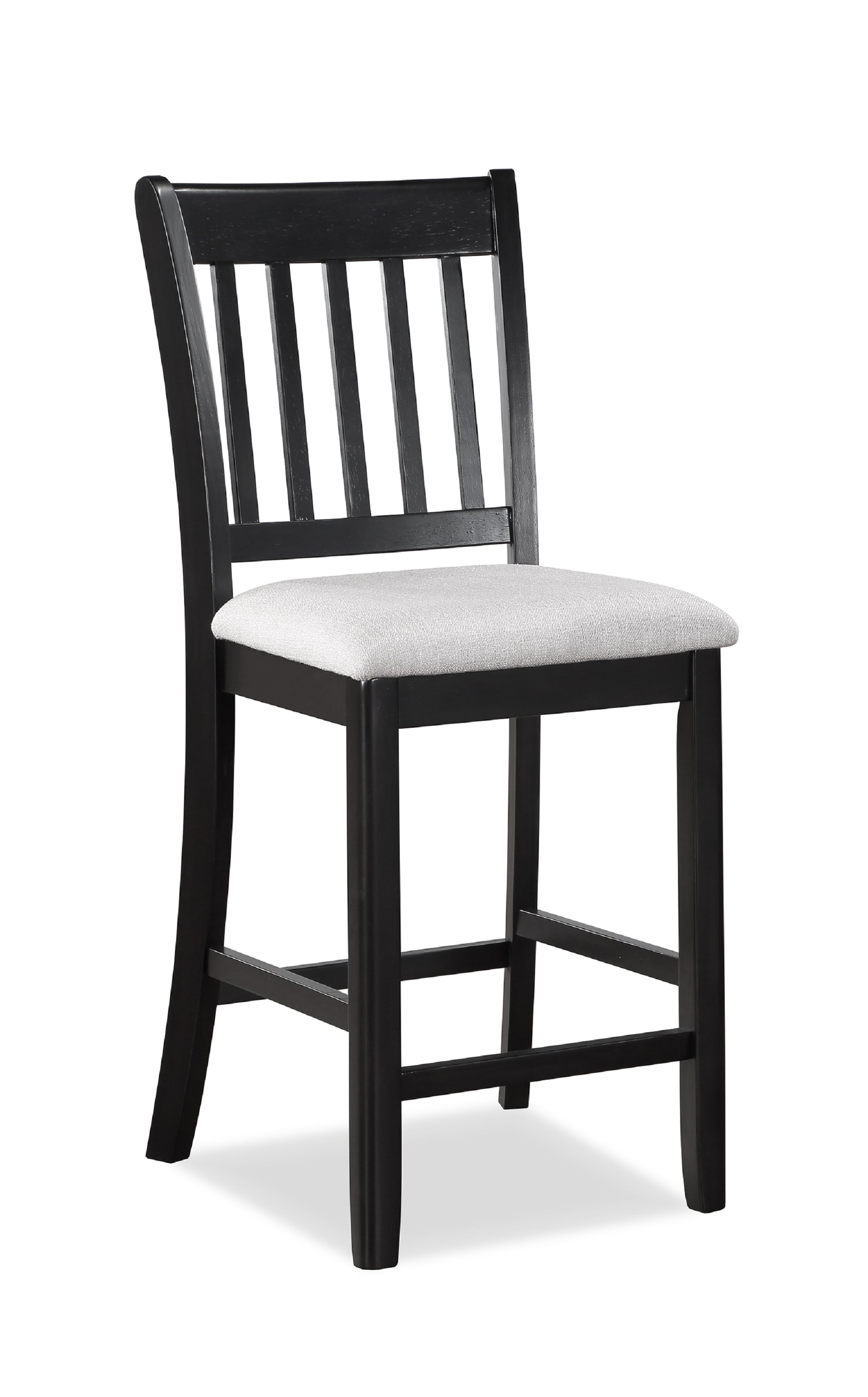 Black wooden bar stool with a comfortable grey fabric seat and slatted backrest