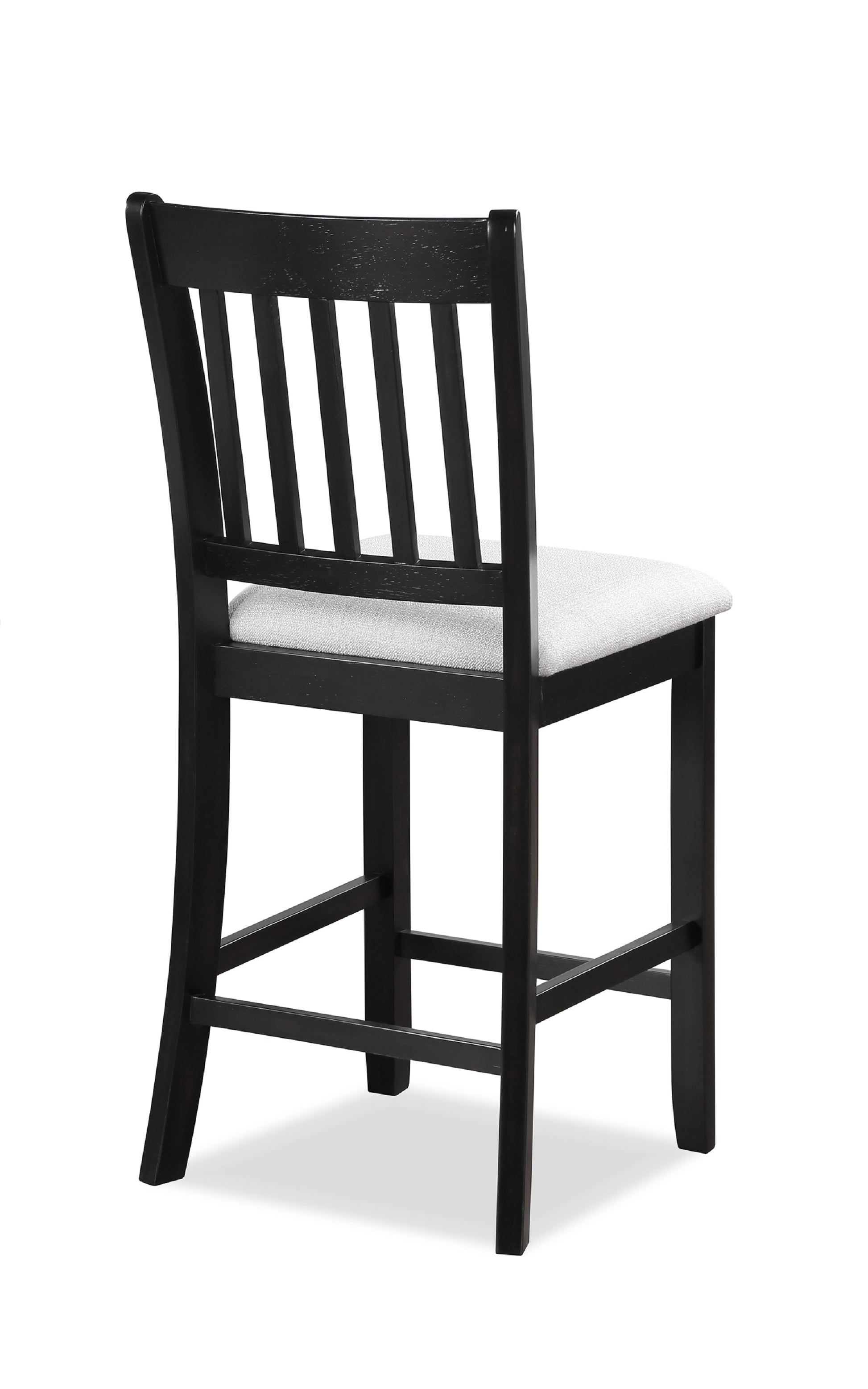 Black wooden bar stool with upholstered light grey seat slatted backrest and footrest