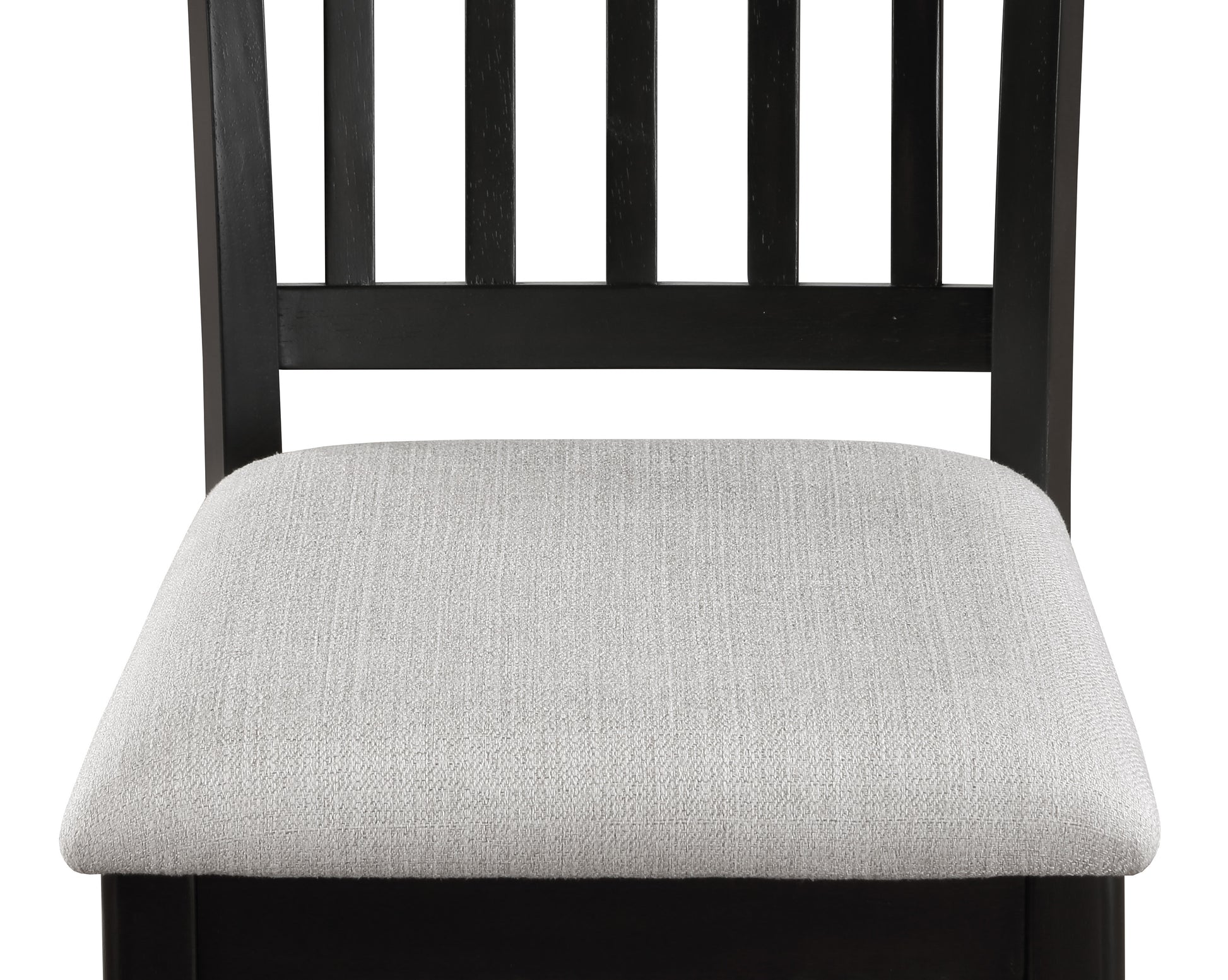 Dark wood dining chair with a textured light grey upholstered seat