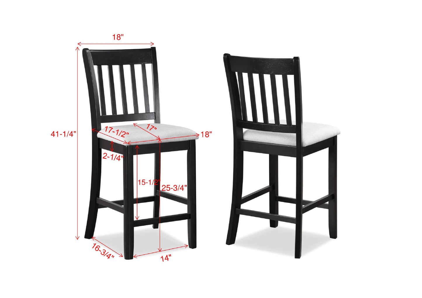 Black wooden bar stool with cushioned seat featuring vertical slats on the back and sturdy legs