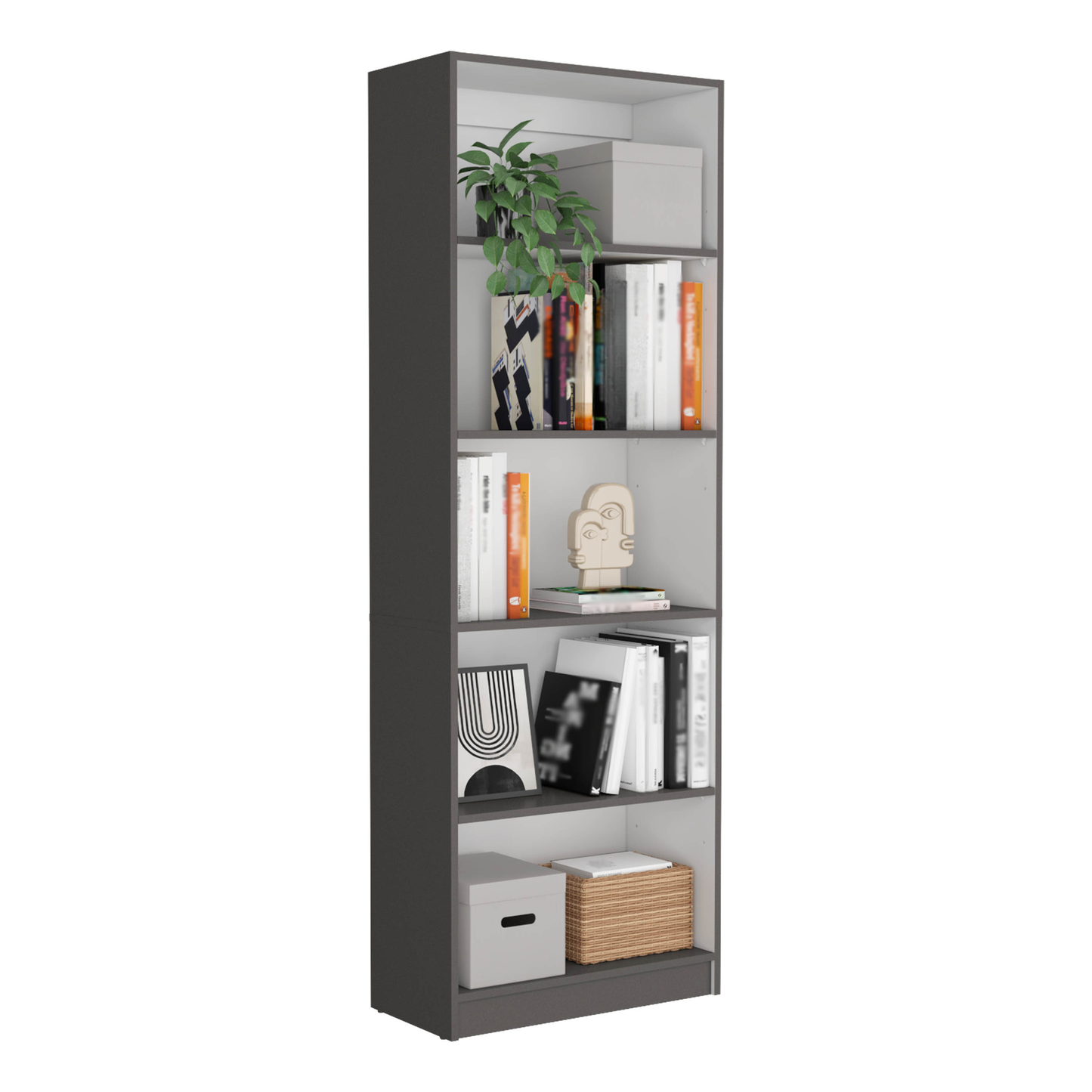 Tall narrow dark gray bookshelf with five shelves displaying books and decor