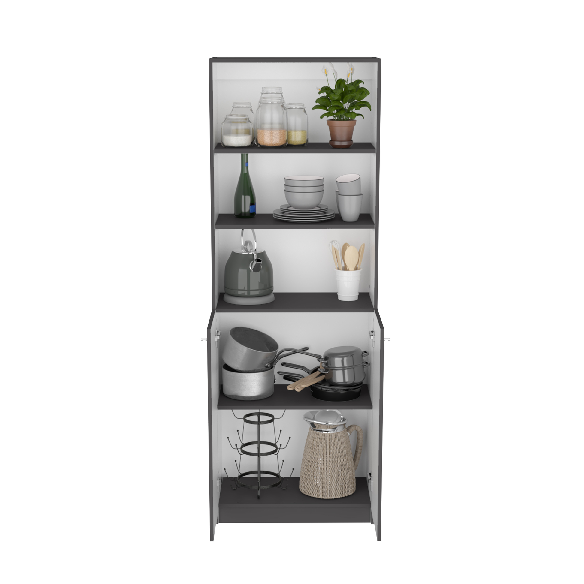 Tall kitchen cabinet with glass jars a plant and dinnerware on shelves