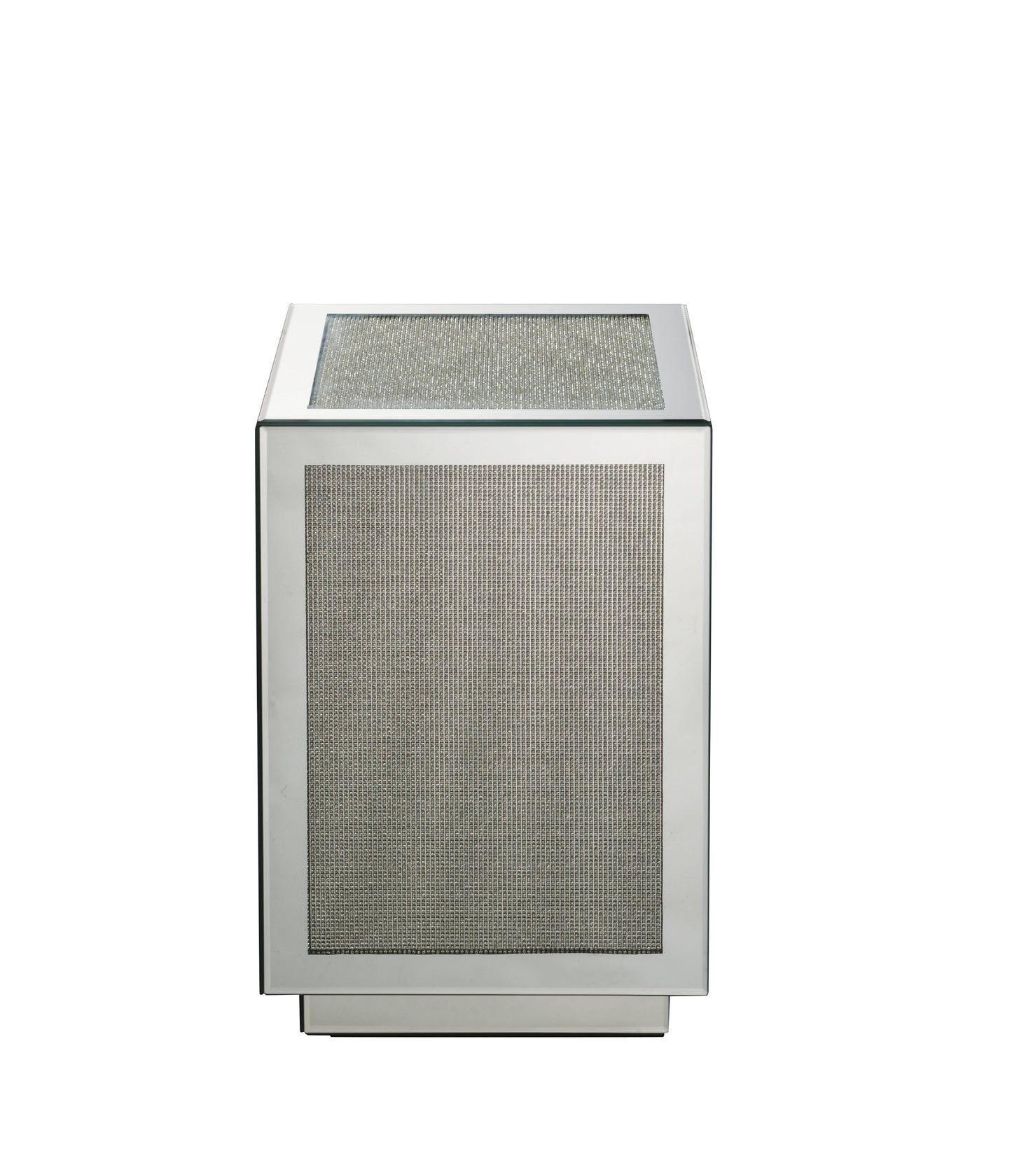 Mirrored accent cube with textured silver panels and reflective geometric design