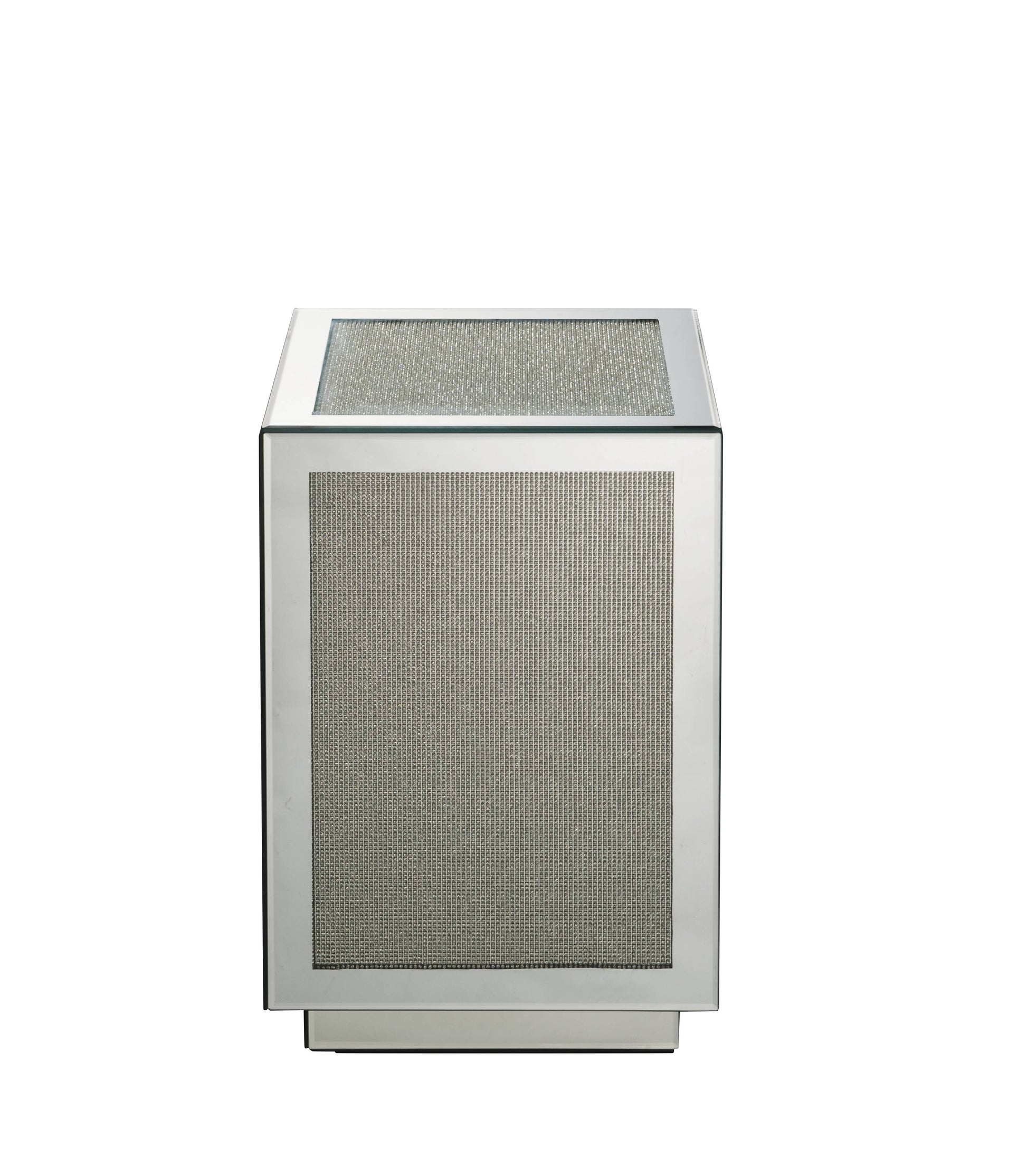 Mirrored accent cube with textured silver panels and reflective geometric design