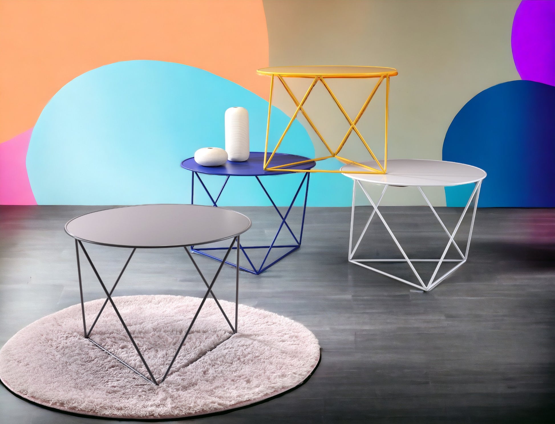 Modern grey side table with thin black metal frame perfect for living room decor