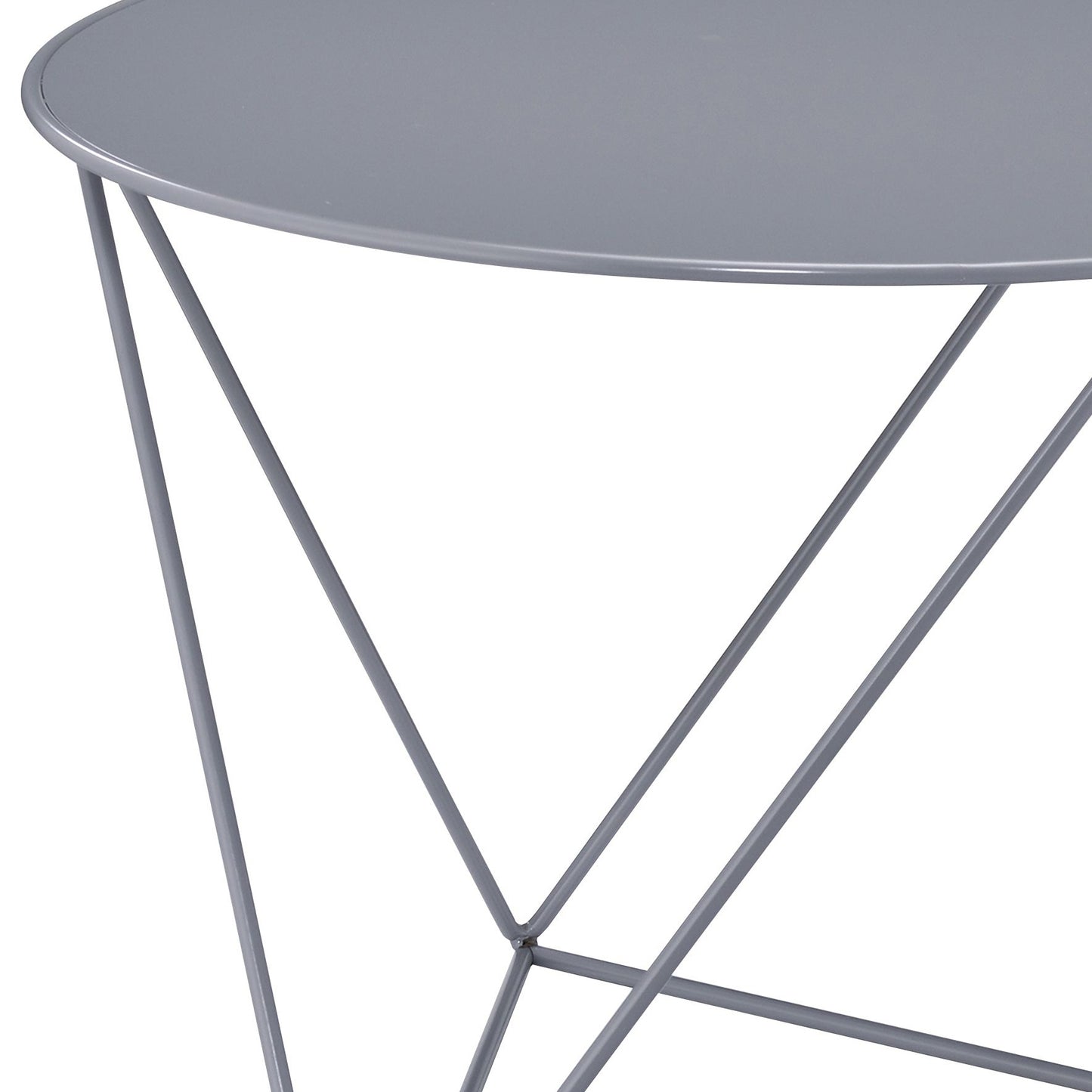 Modern grey metal side table with a sleek minimalist design and geometric legs