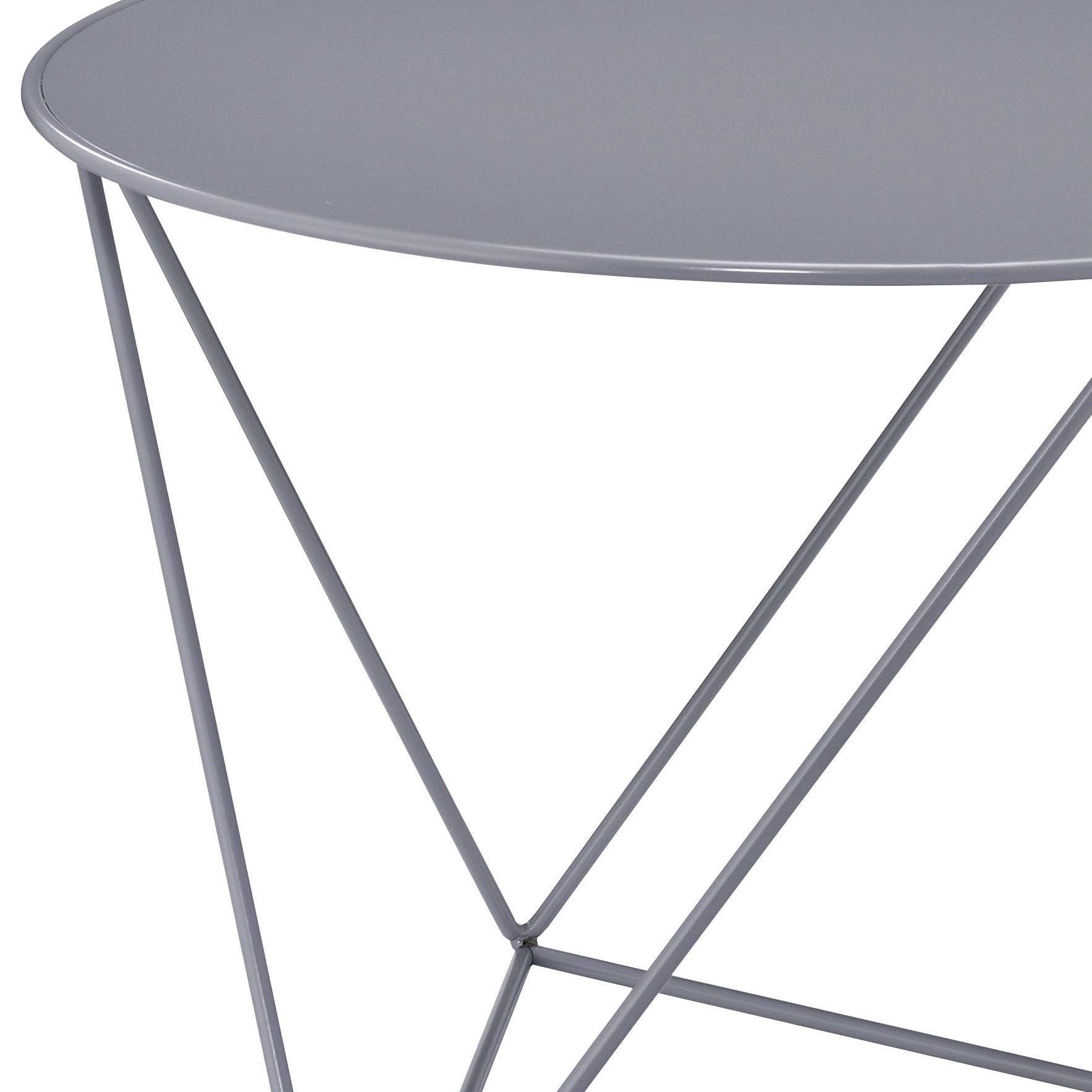 Modern grey metal side table with a sleek minimalist design and geometric legs