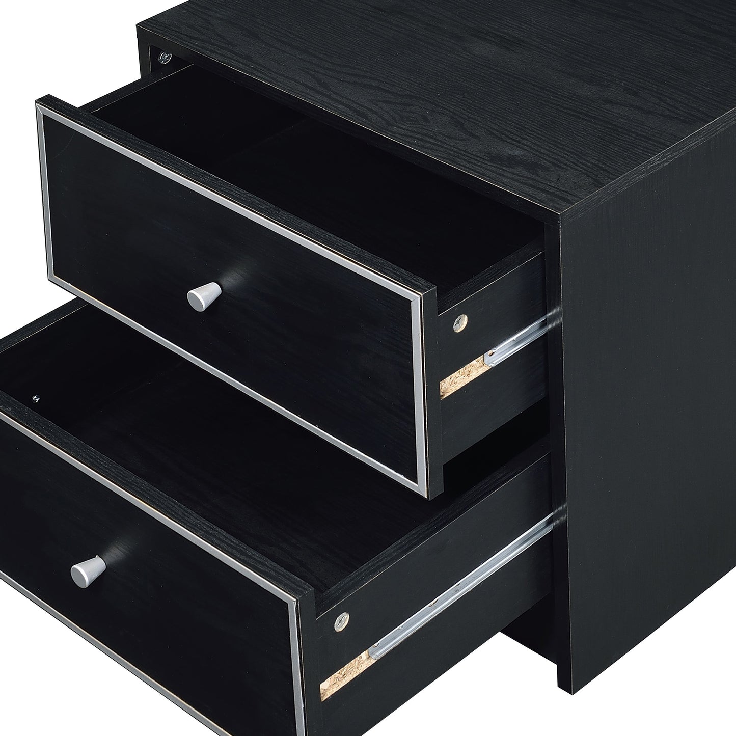 Black wood grain bedside table with two open drawers and silver trim
