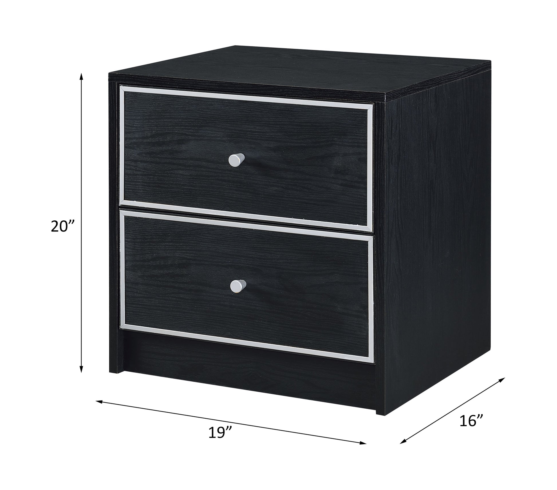 Black drawer nightstand with brushed nickel knobs and silver trim