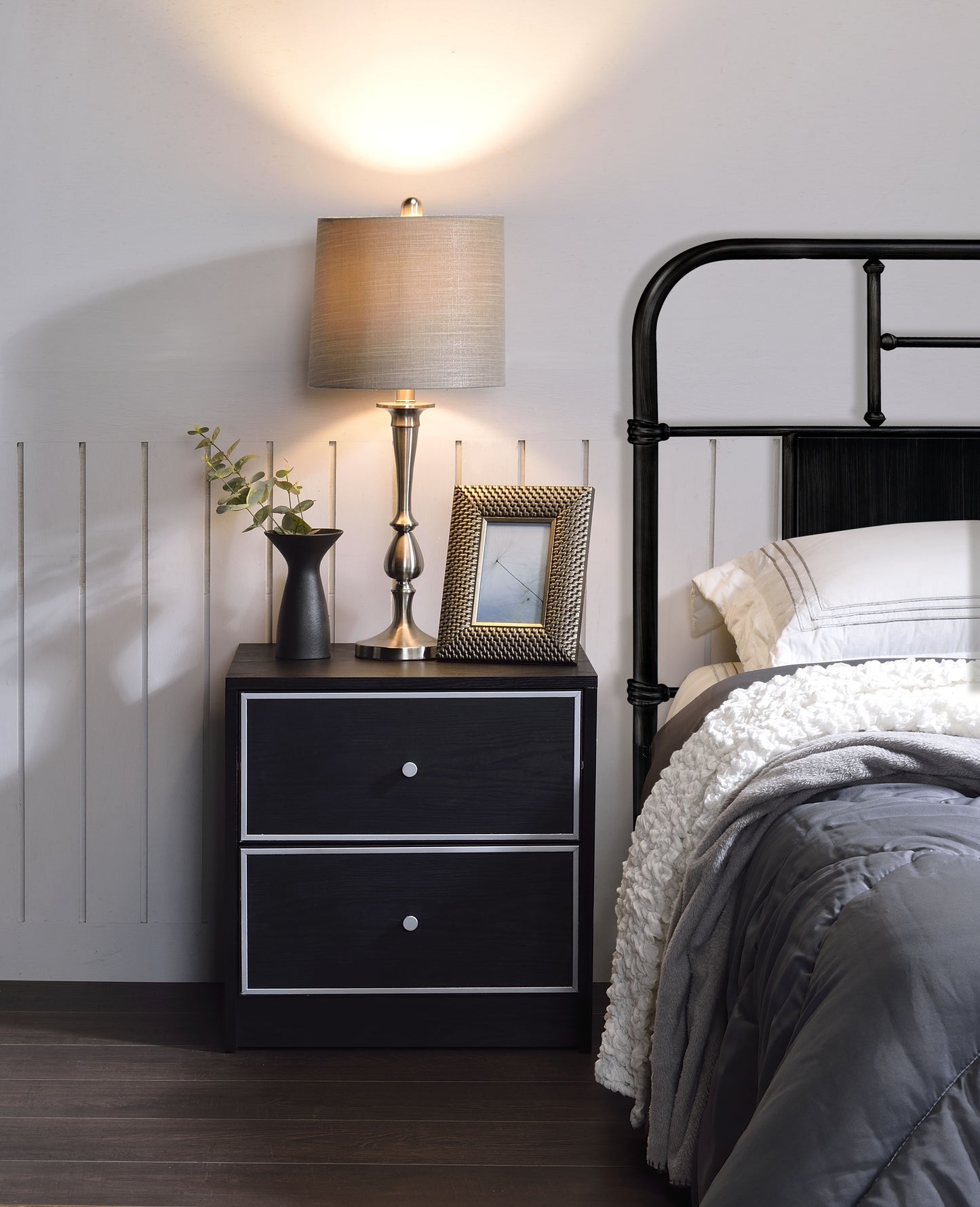 Modern black wood nightstand with two drawers and silver accents bedside table