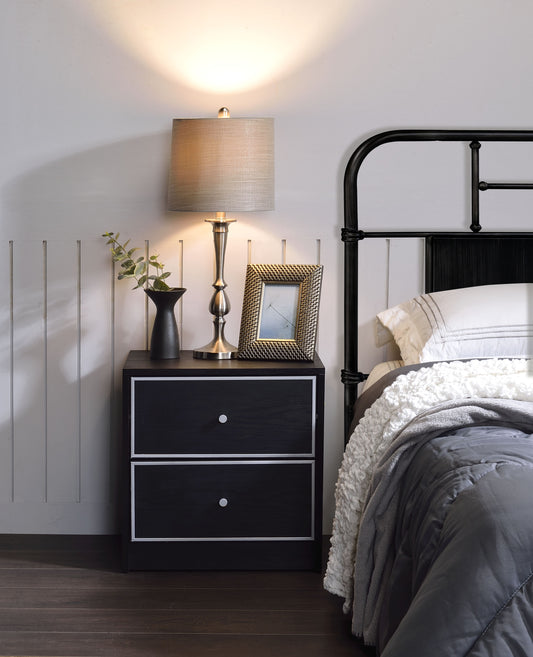 Modern black wood nightstand with two drawers and silver accents bedside table