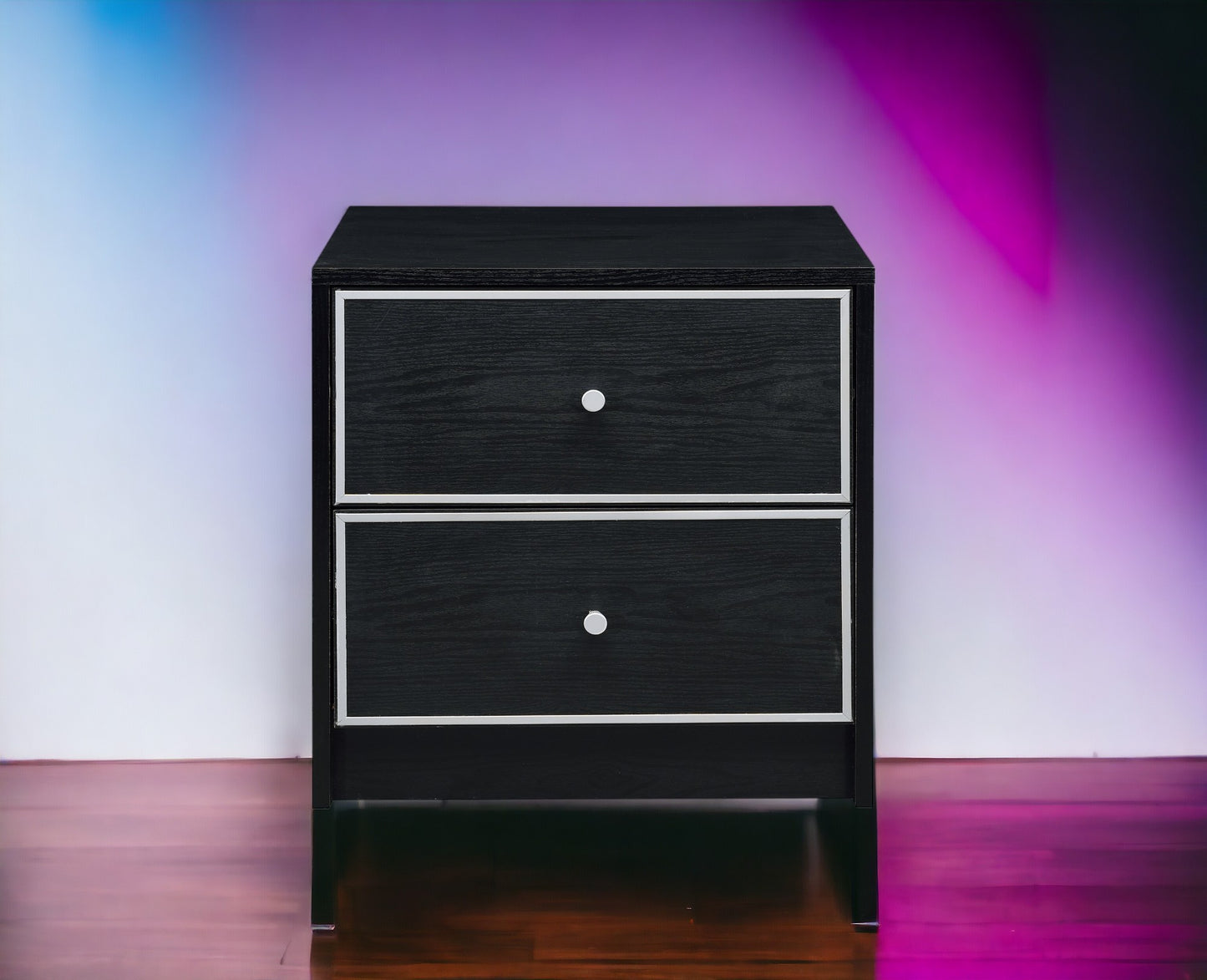 Black twodrawer nightstand with silver hardware and silver trim detail