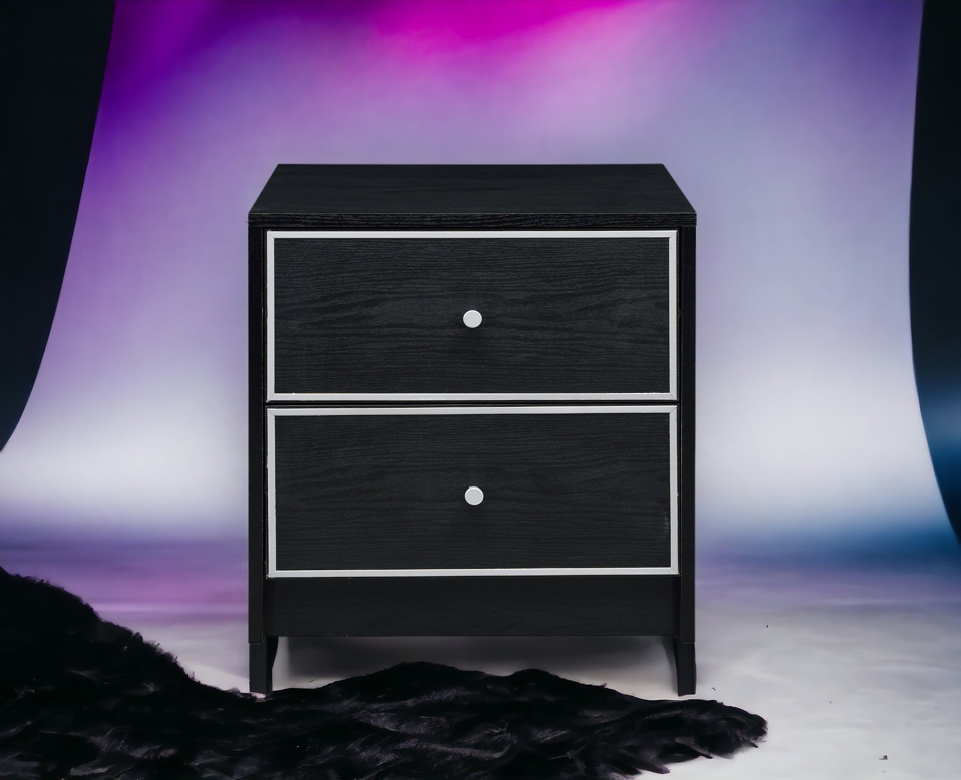Modern black wood nightstand with two drawers and silver knobs white trim