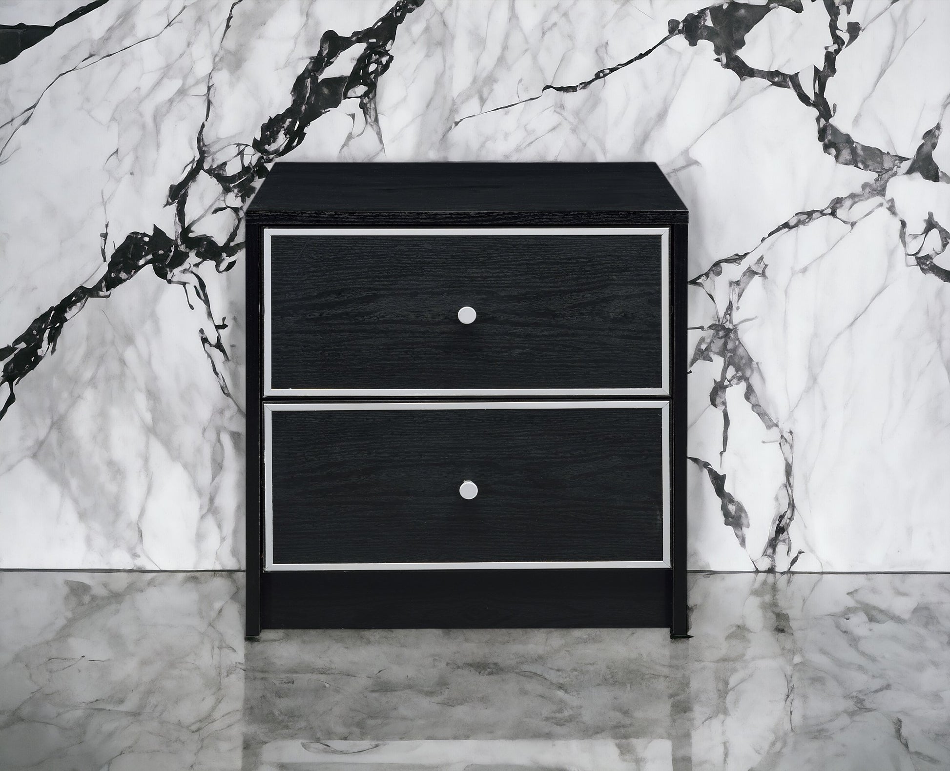 Black wood twodrawer nightstand with silver knobs and white trim ideal for bedrooms