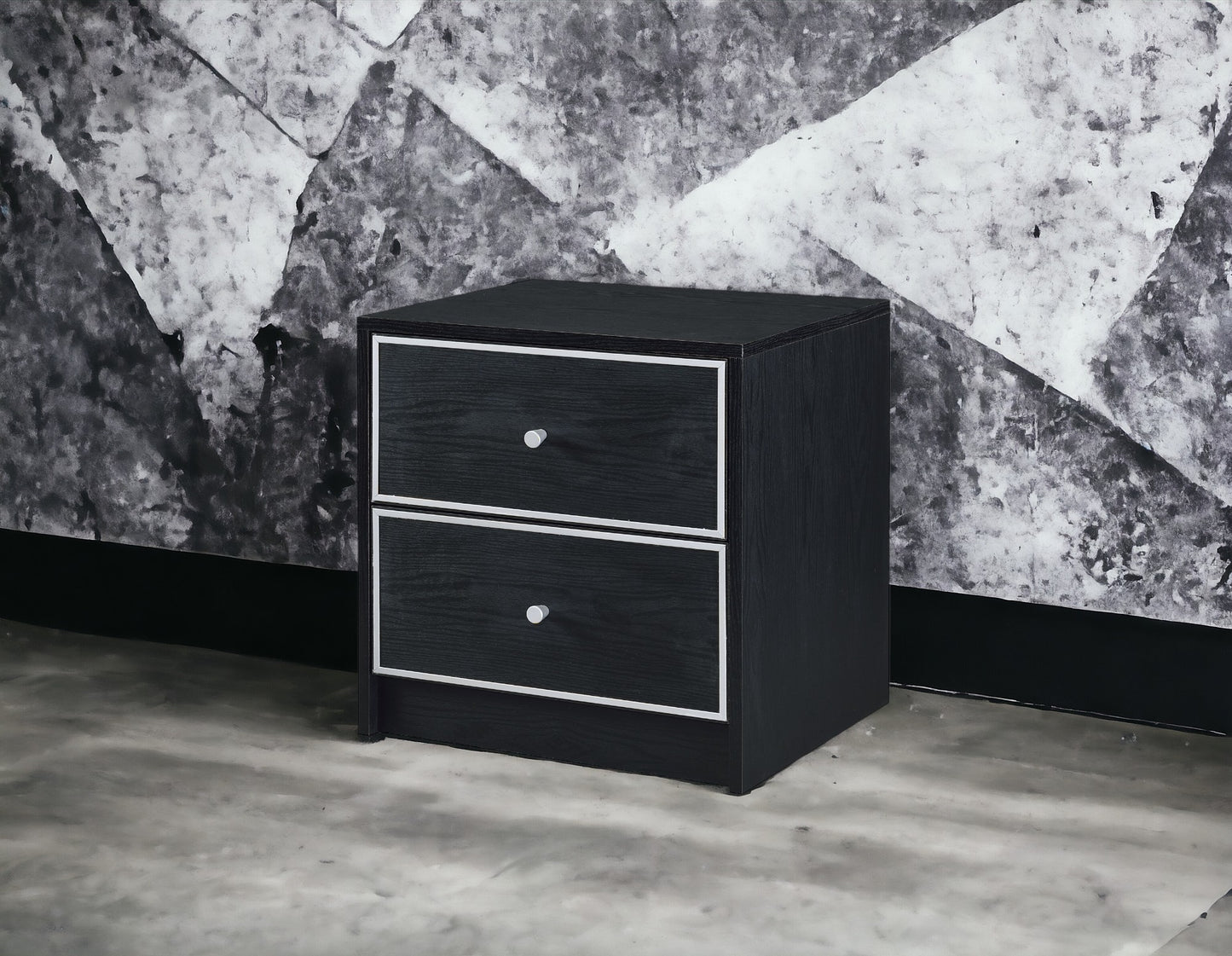 Black twodrawer nightstand with silver hardware and a wood grain finish