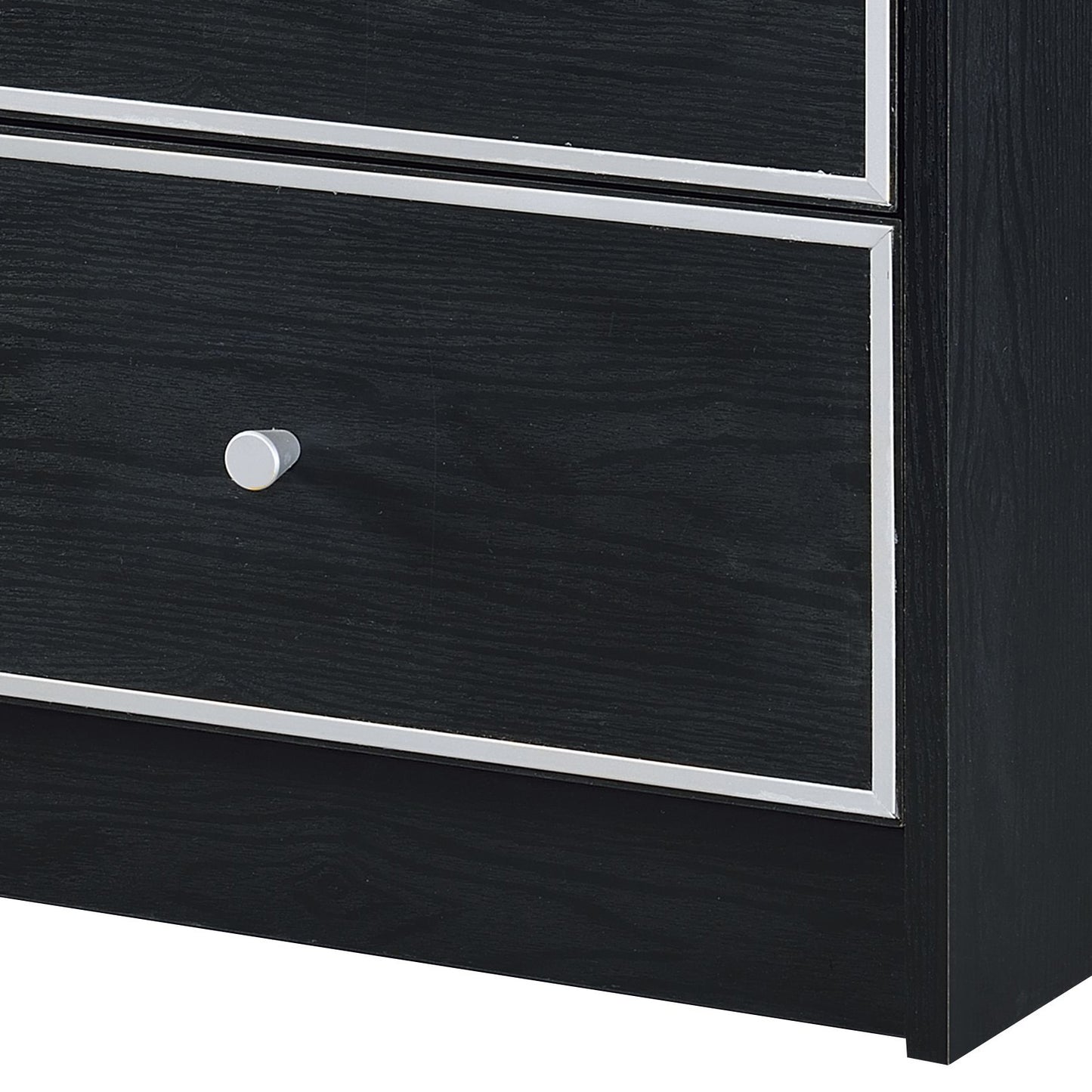 Black dresser with silver trim and a single round knob modern bedroom furniture