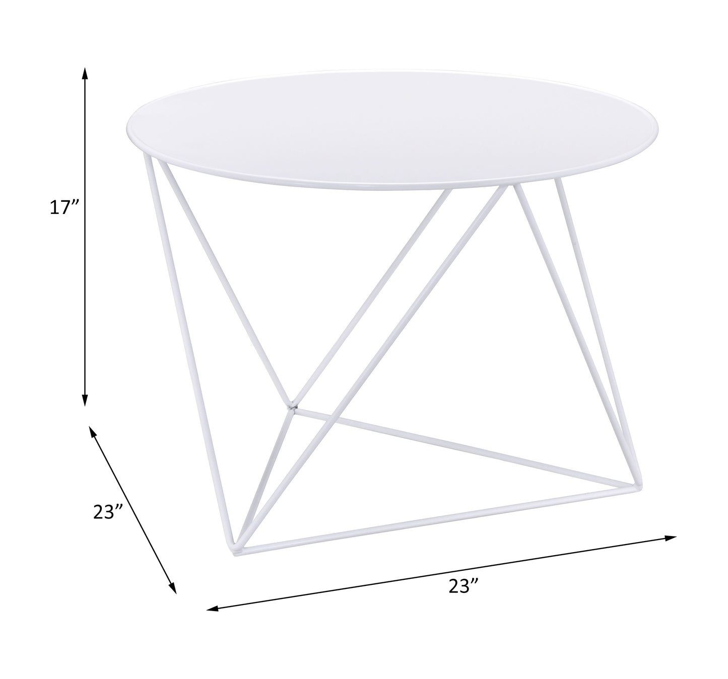 Modern white round metal side table with geometric base xx inches