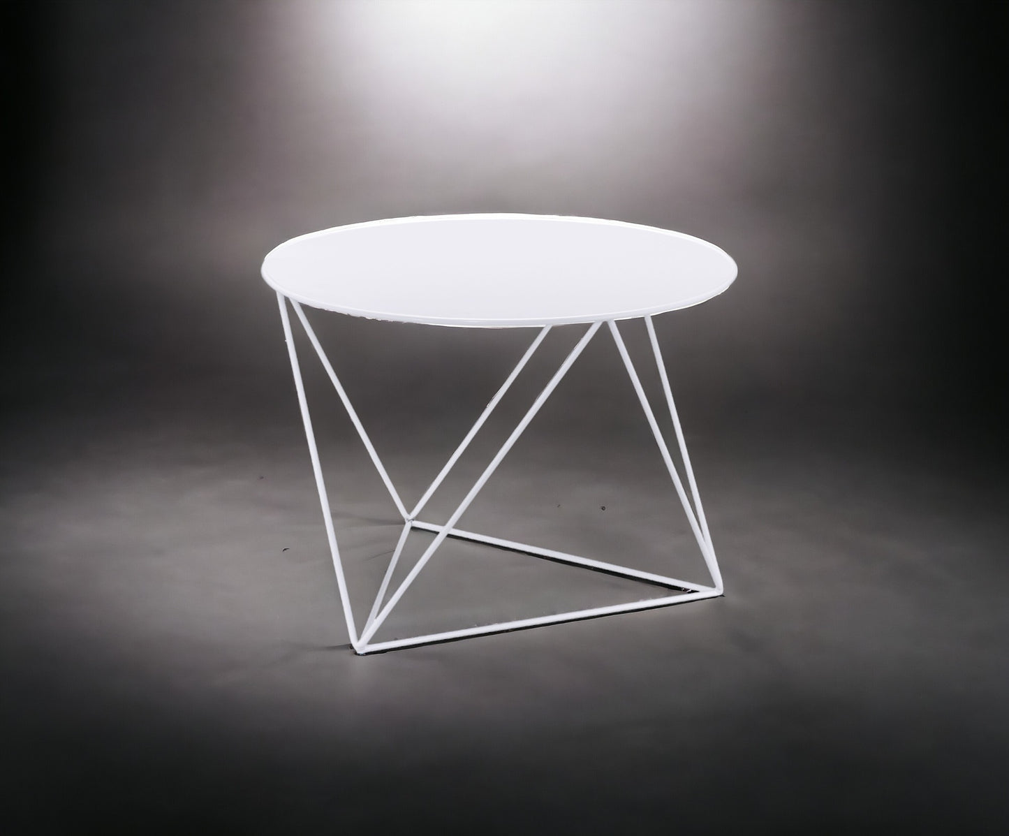 Modern white round metal side table with a geometric metal base