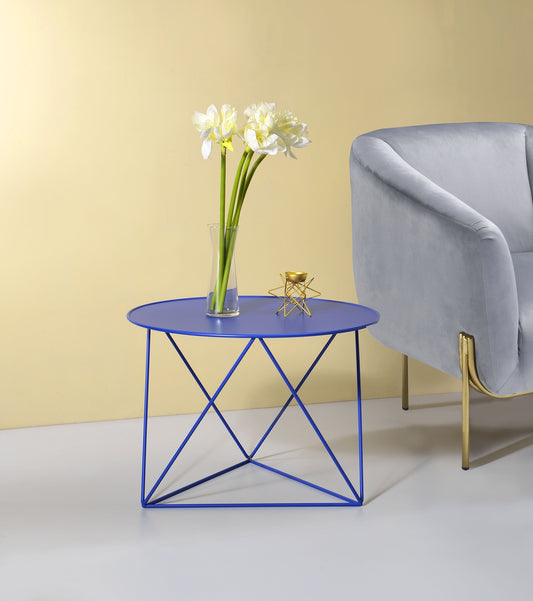 Vibrant blue metal accent table with a modern geometric base perfect for living rooms