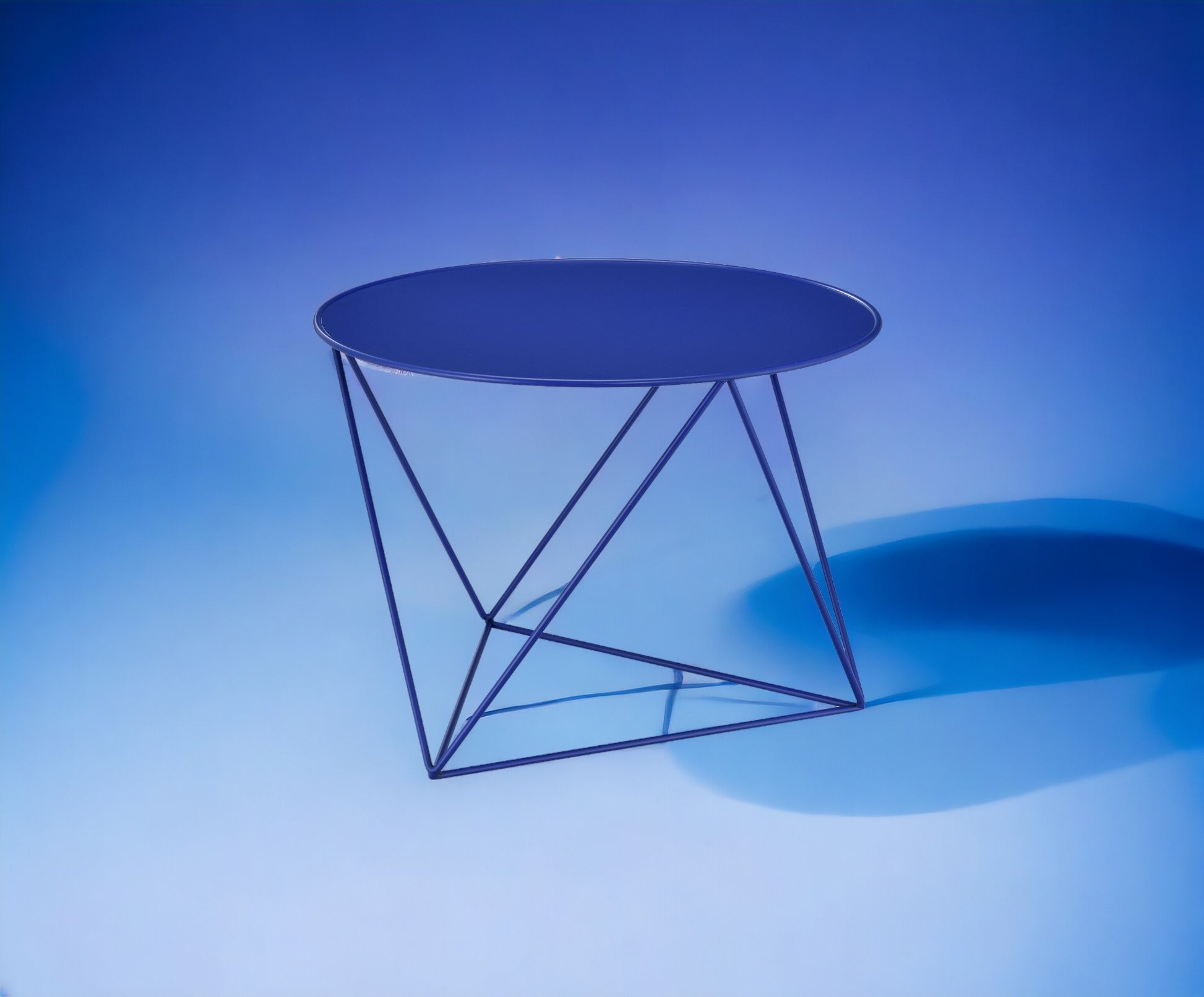 Modern dark blue metal side table with geometric base