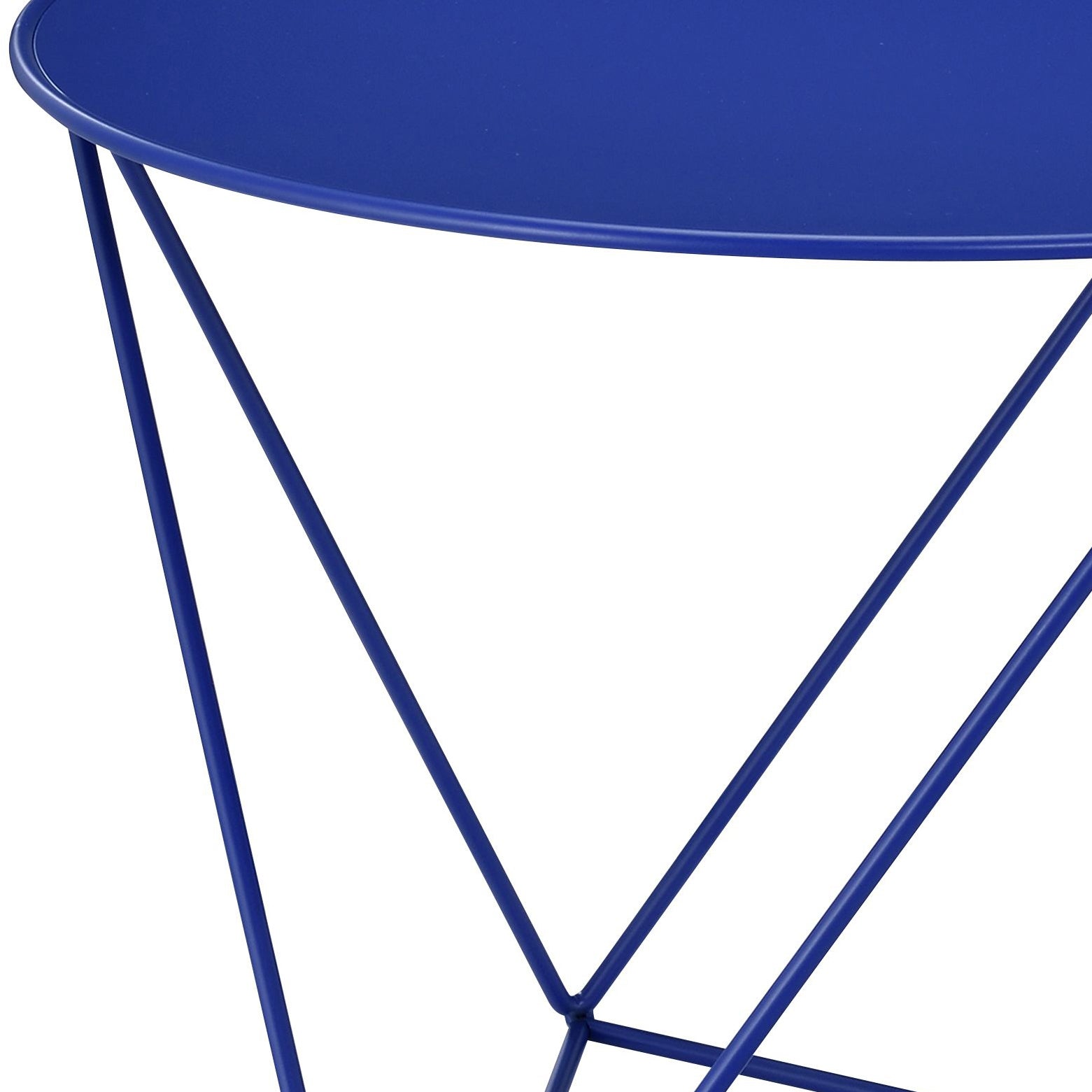 Closeup of a modern blue metal accent table with a round top and geometric base