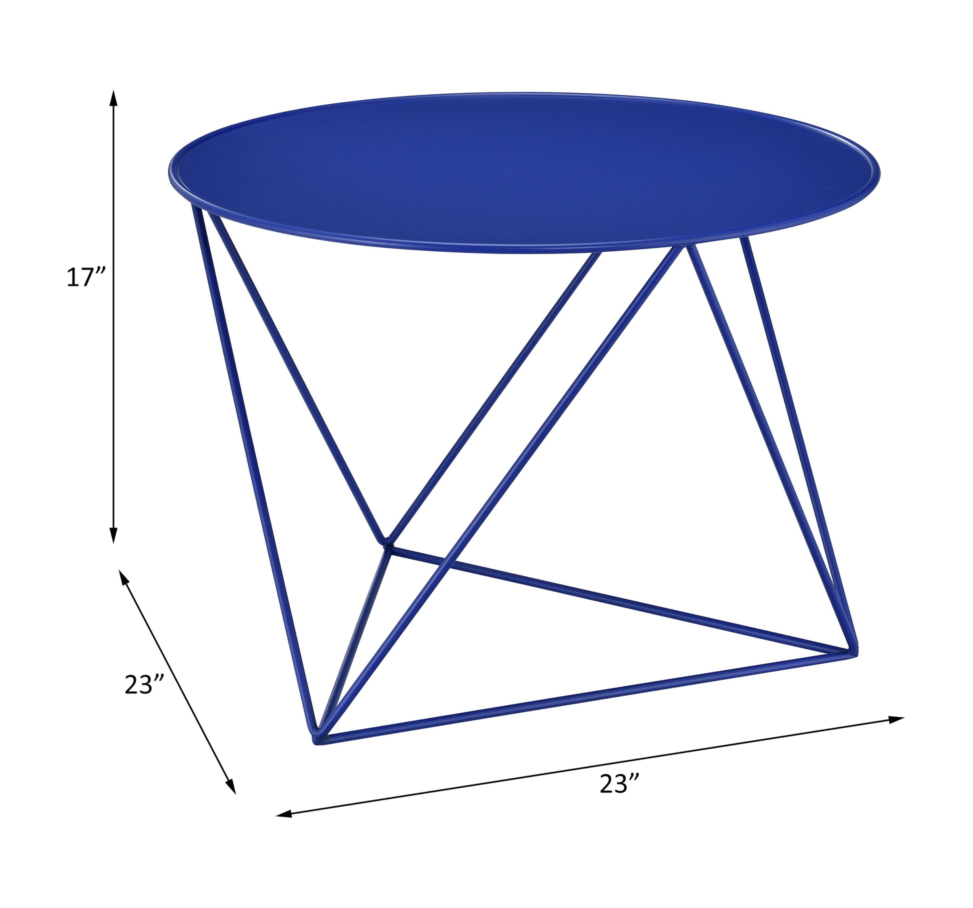 Modern blue metal side table with unique geometric base  H x  W