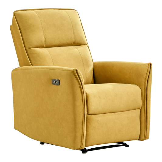Comfortable yellow velvet power recliner with adjustable lumbar support and USB port