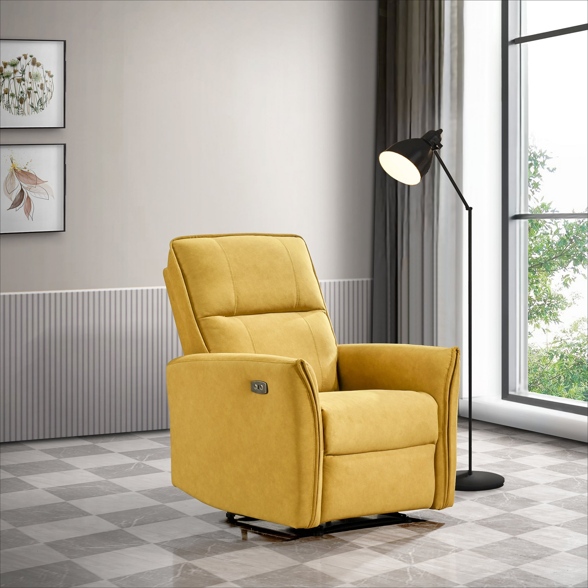 Modern mustard yellow velvet recliner chair with adjustable headrest and USB port