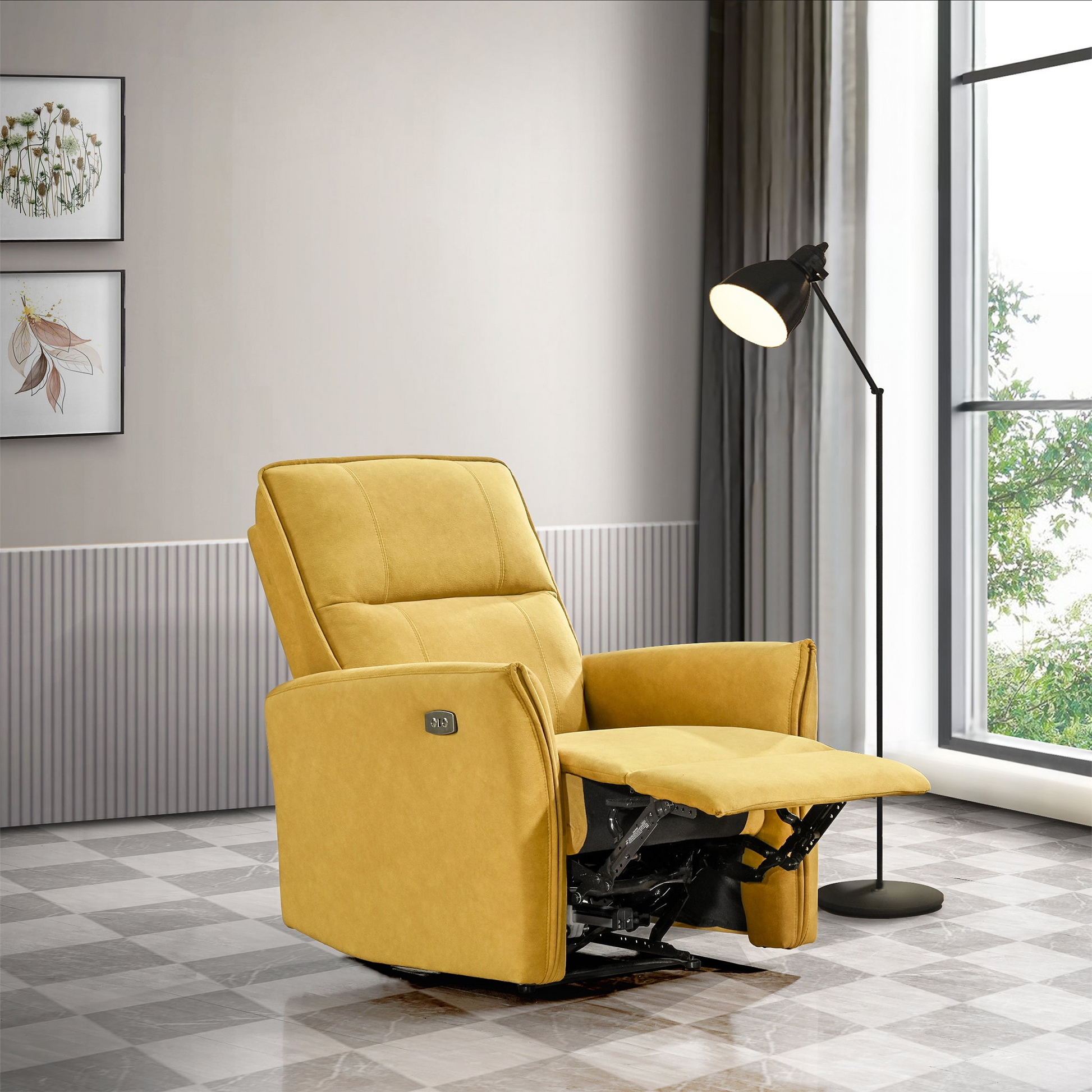 Yellow fabric power recliner chair with extended footrest