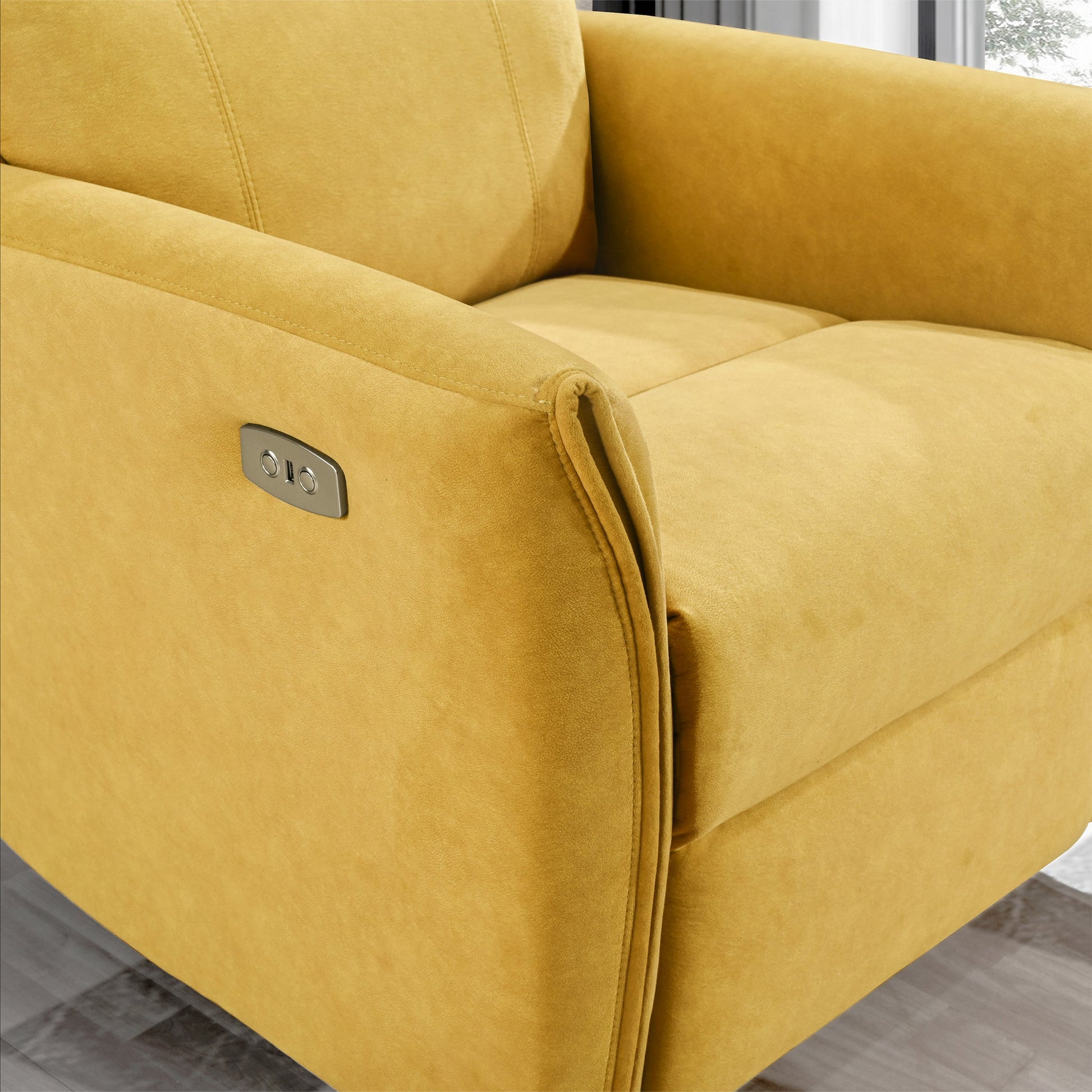 Yellow velvet recliner armchair with modern control panel and USB port